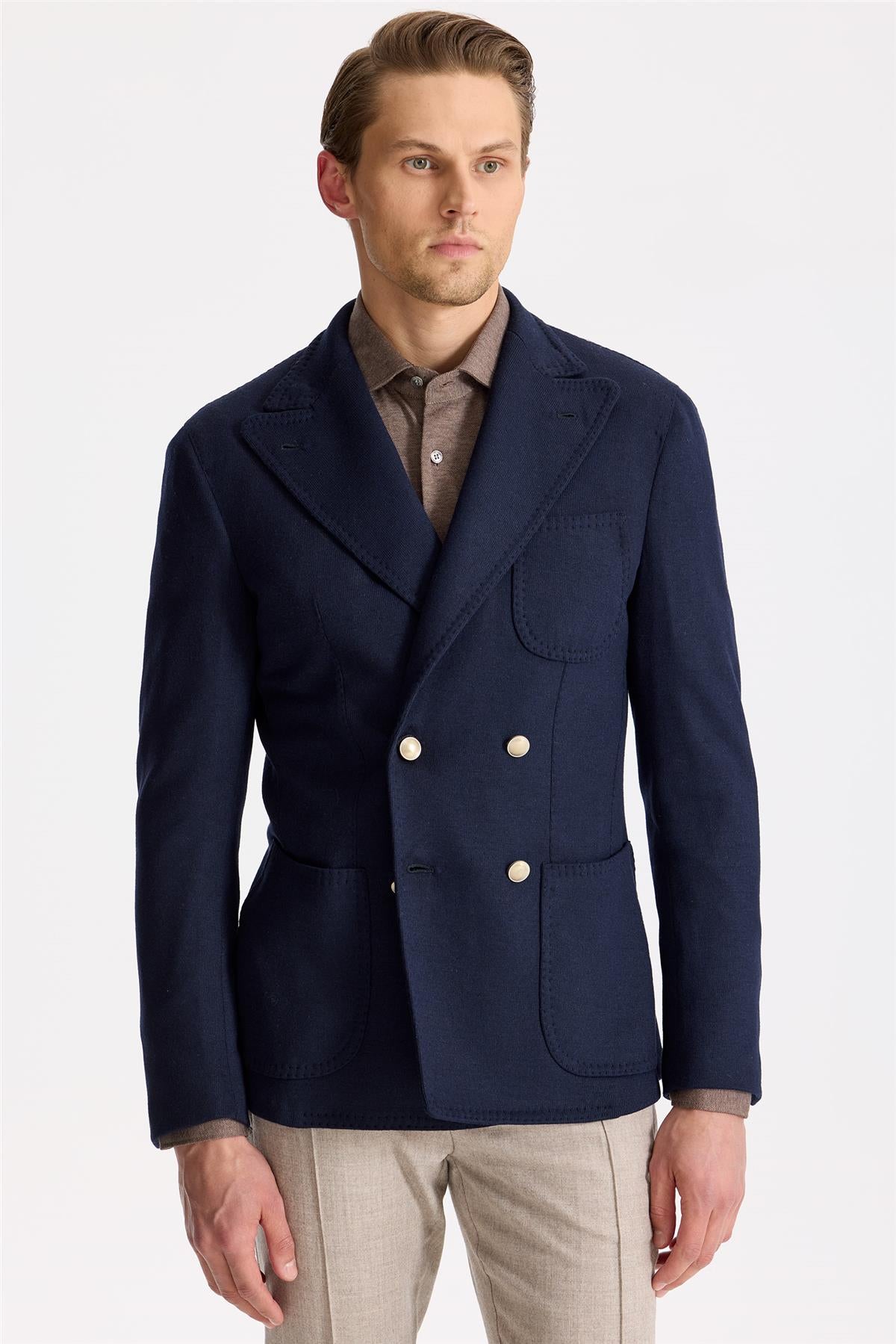 Lacivert Yün Kaşmir Triko Ceket - Image 4