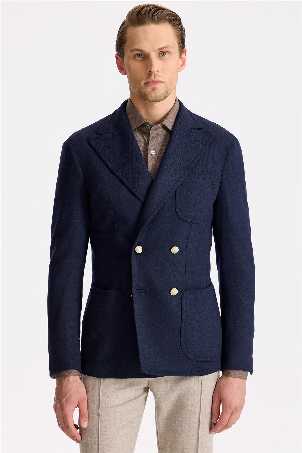 Lacivert Yün Kaşmir Triko Ceket - Image 2