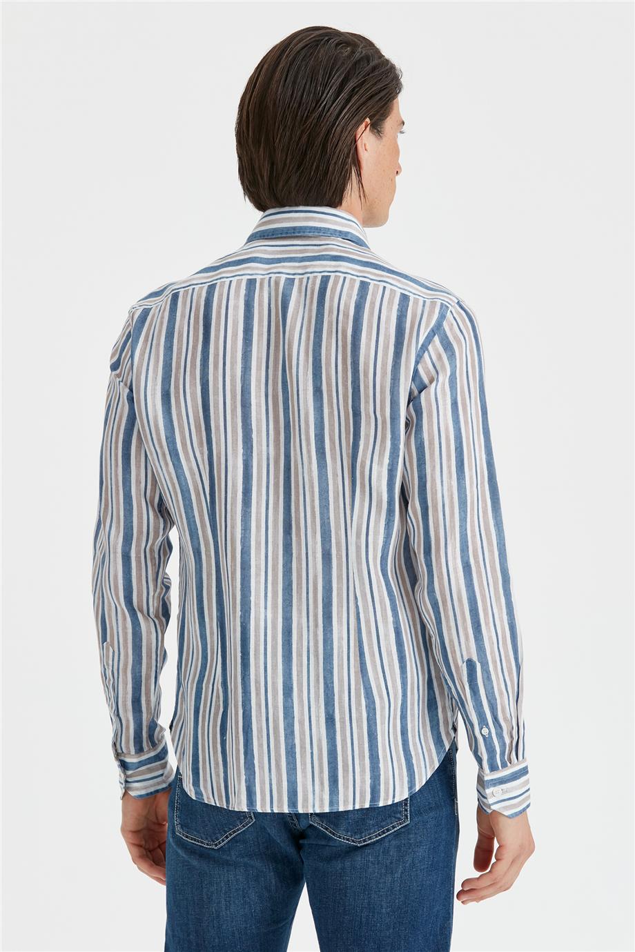 Mavi Bej Çizgili Keten Gömlek - Image 4