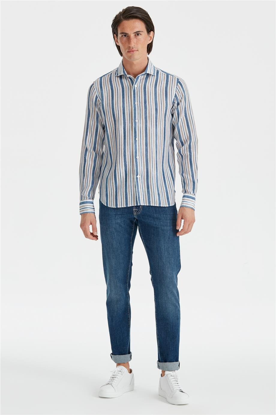 Mavi Bej Çizgili Keten Gömlek - Image 3