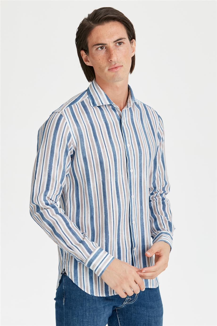 Mavi Bej Çizgili Keten Gömlek - Image 2