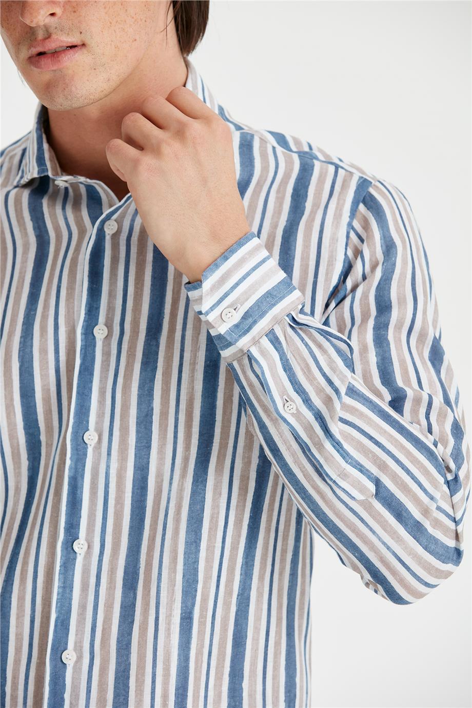 Mavi Bej Çizgili Keten Gömlek - Image 5
