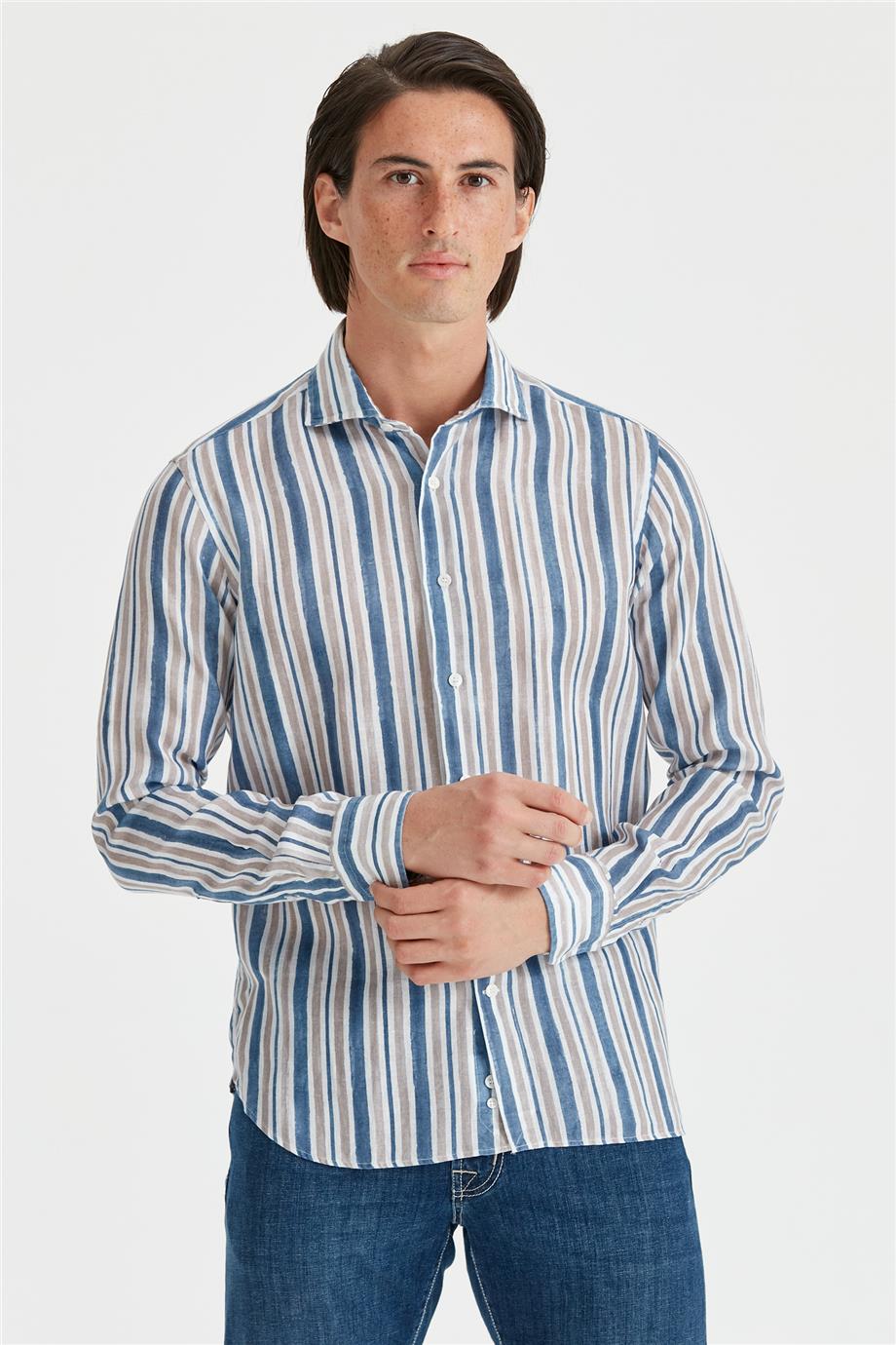 Mavi Bej Çizgili Keten Gömlek - Image 1