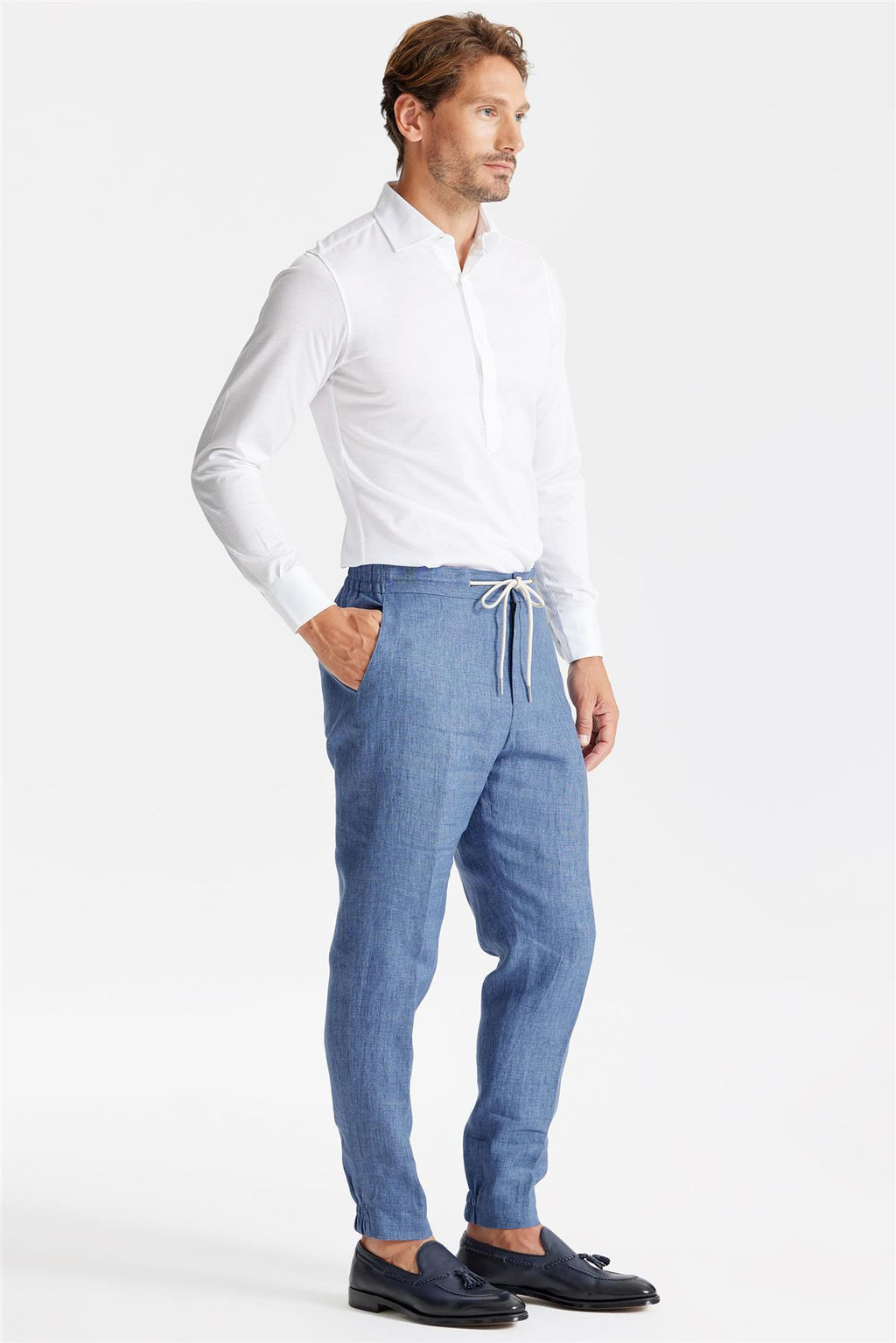Mavi Beli Kordonlu Keten Pantolon - 3