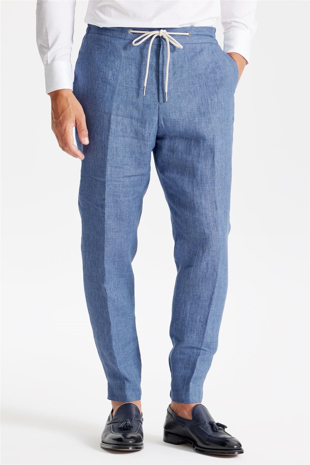 Mavi Beli Kordonlu Keten Pantolon - 2