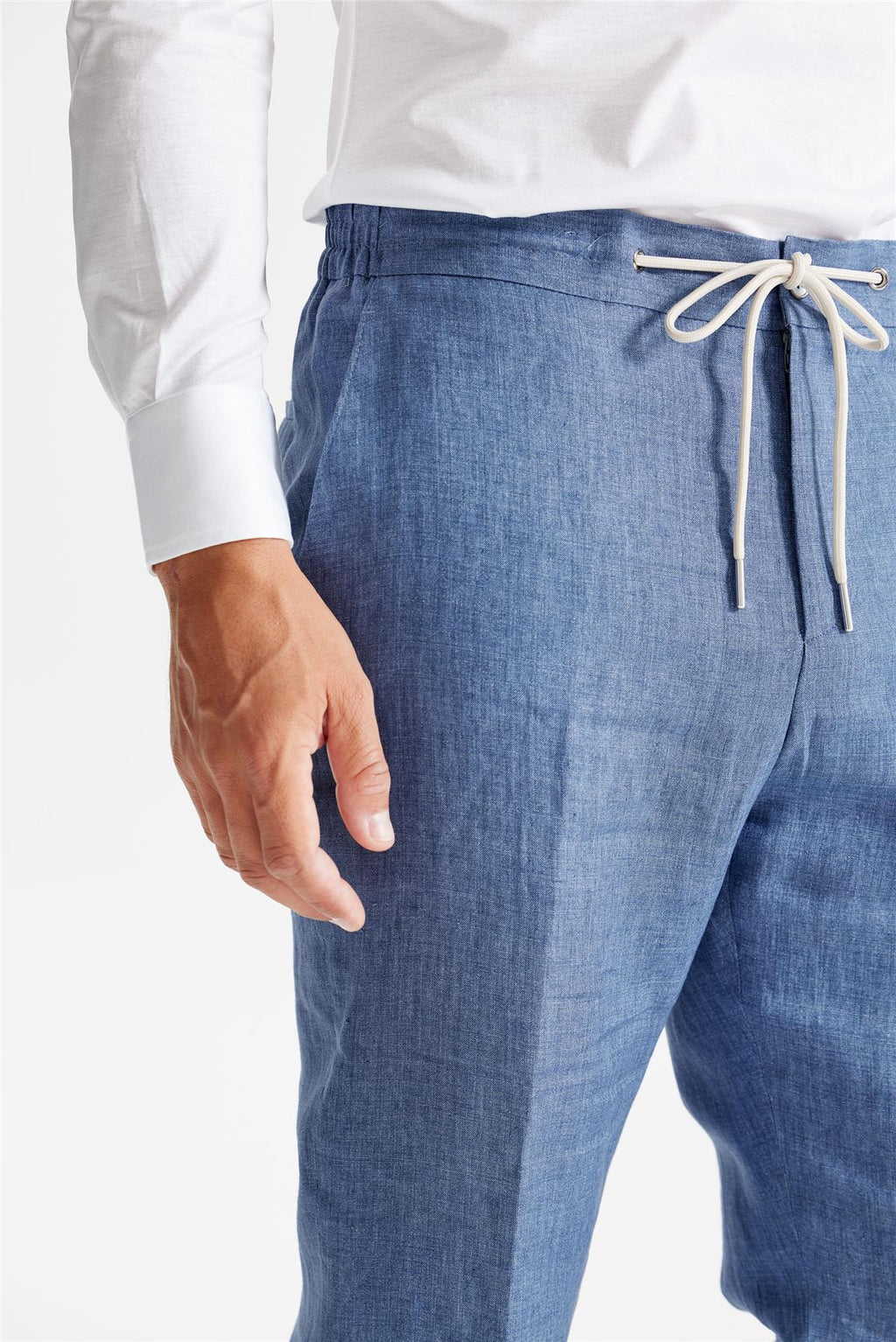 Mavi Beli Kordonlu Keten Pantolon - 5