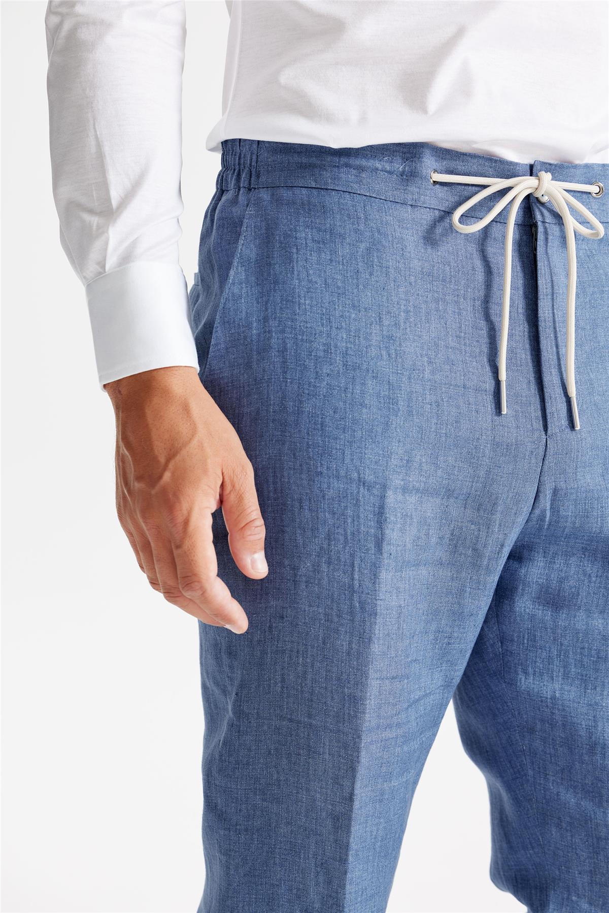 Mavi Beli Kordonlu Keten Pantolon - 5