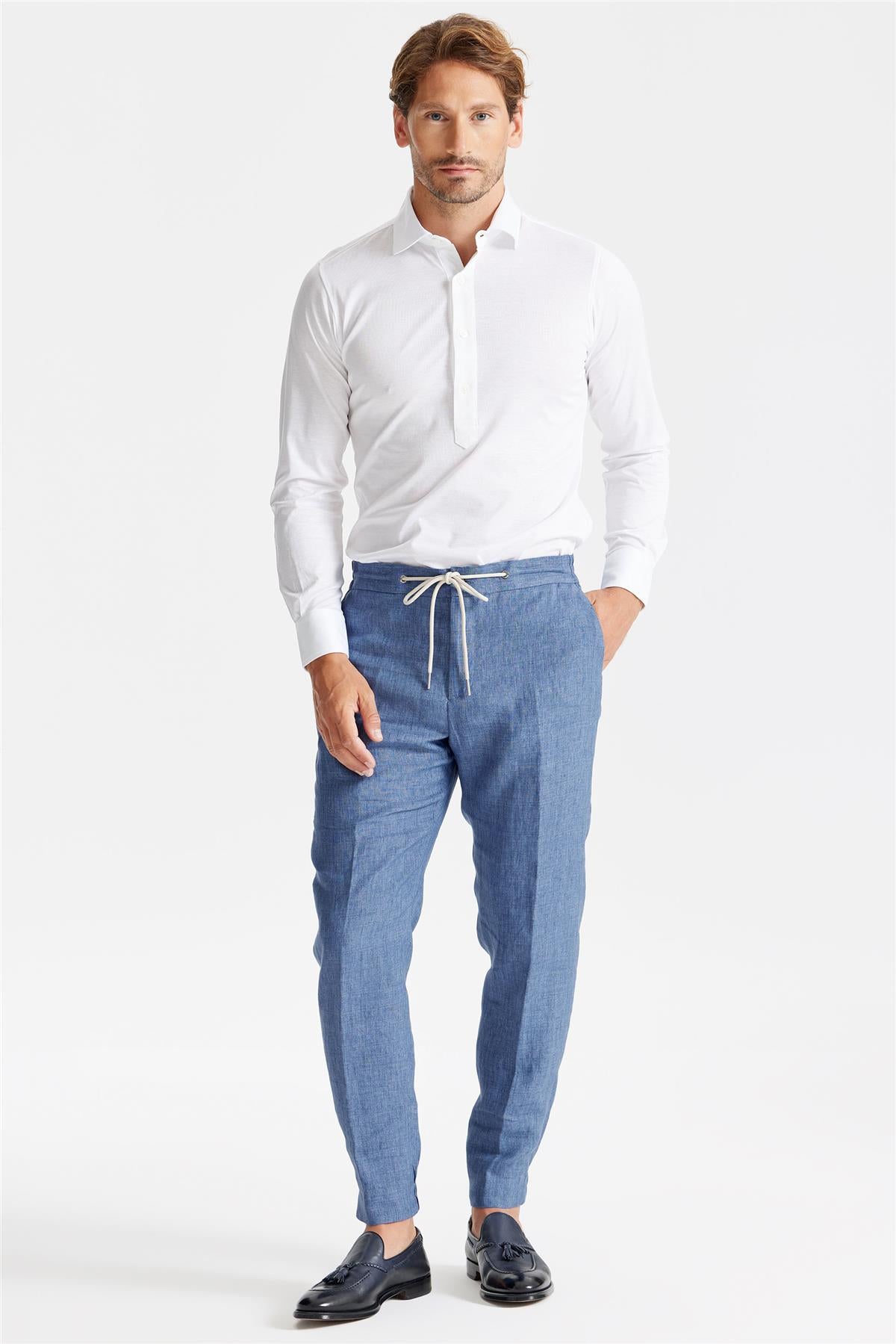 Mavi Beli Kordonlu Keten Pantolon - 4