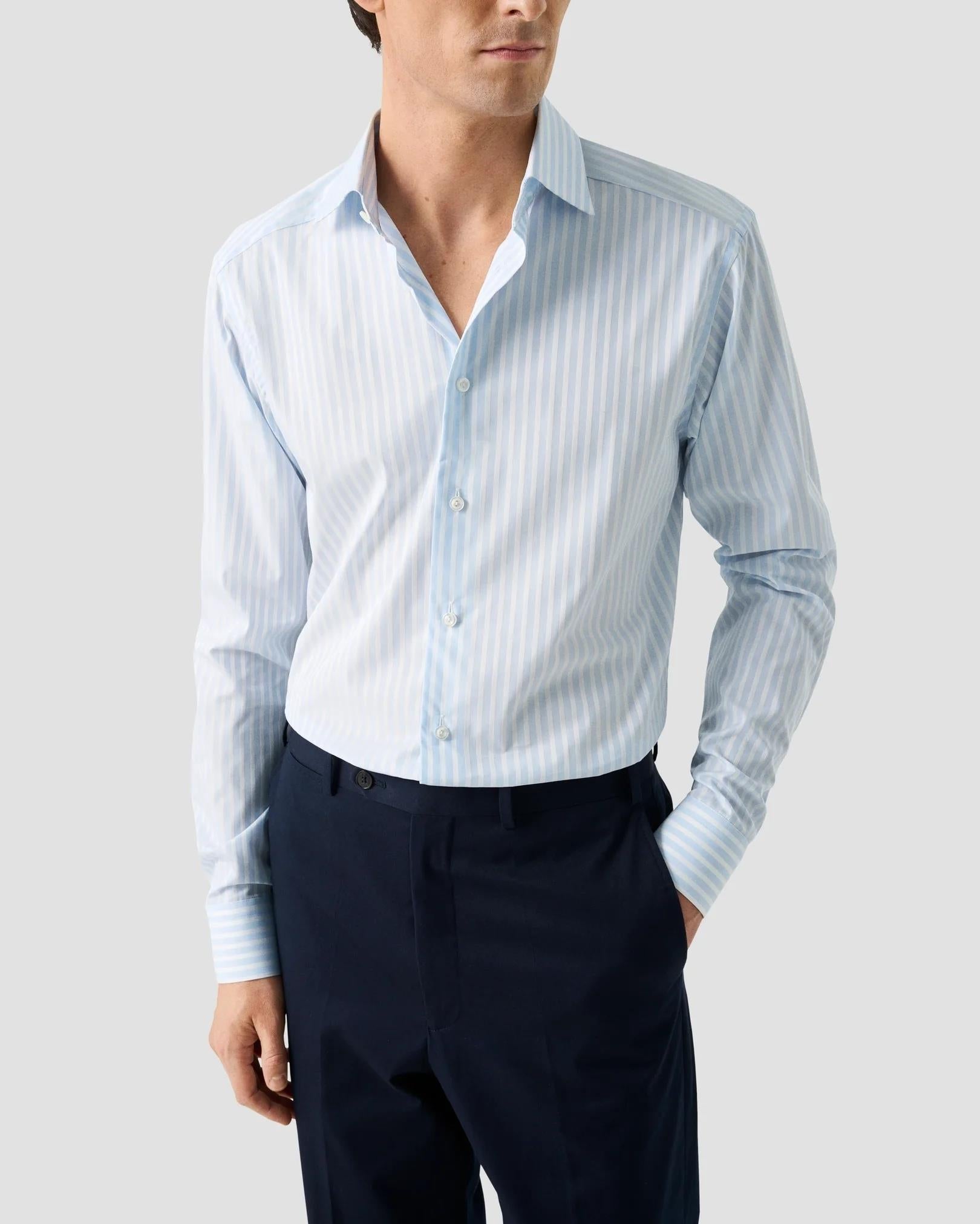 Mavi Beyaz Çizgili Elevated Pique Gömlek - Image 5