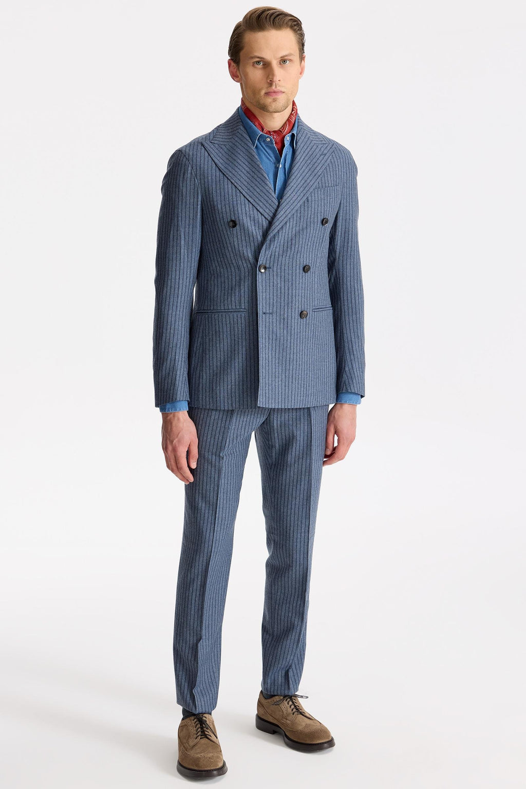 Mavi Çizgili Kruvaze Yün Takım Elbise - Image 1