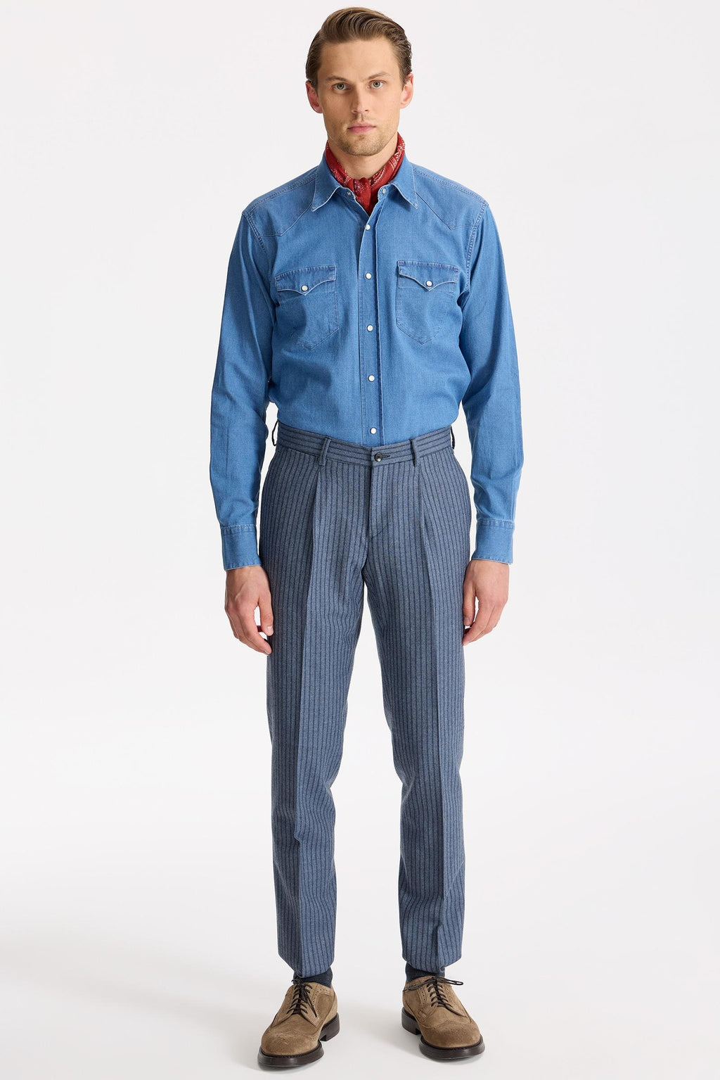 Mavi Çizgili Kruvaze Yün Takım Elbise - Image 5