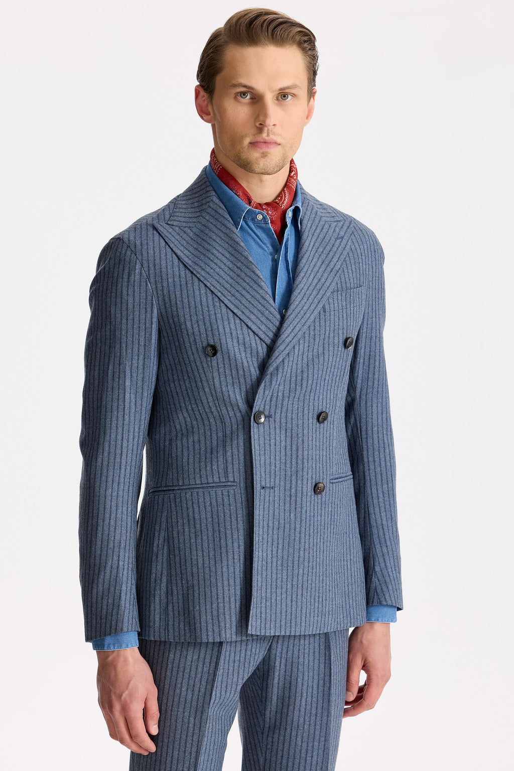 Mavi Çizgili Kruvaze Yün Takım Elbise - Image 2