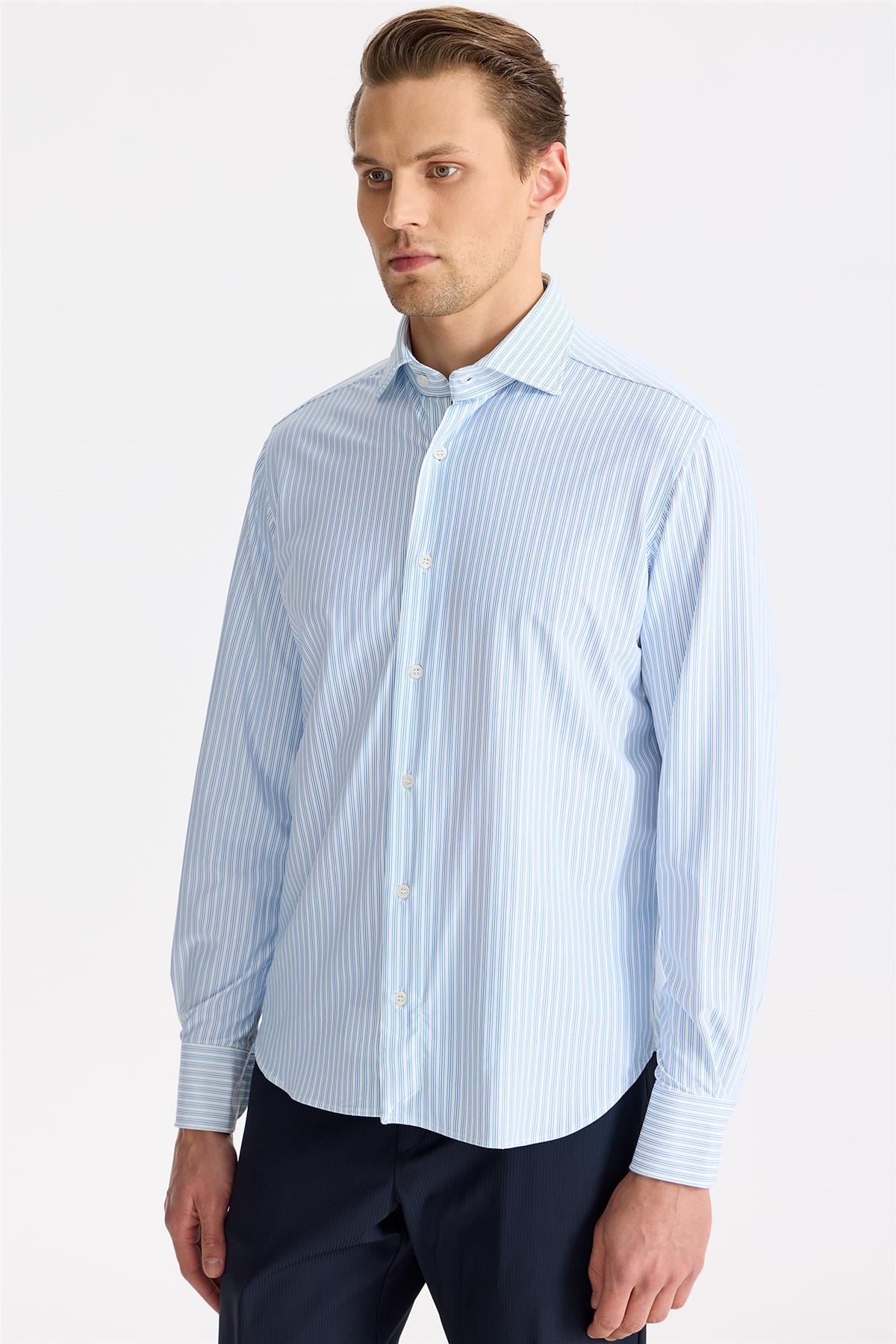 Mavi Çizgili Teknik Kumaş Gömlek - Image 4
