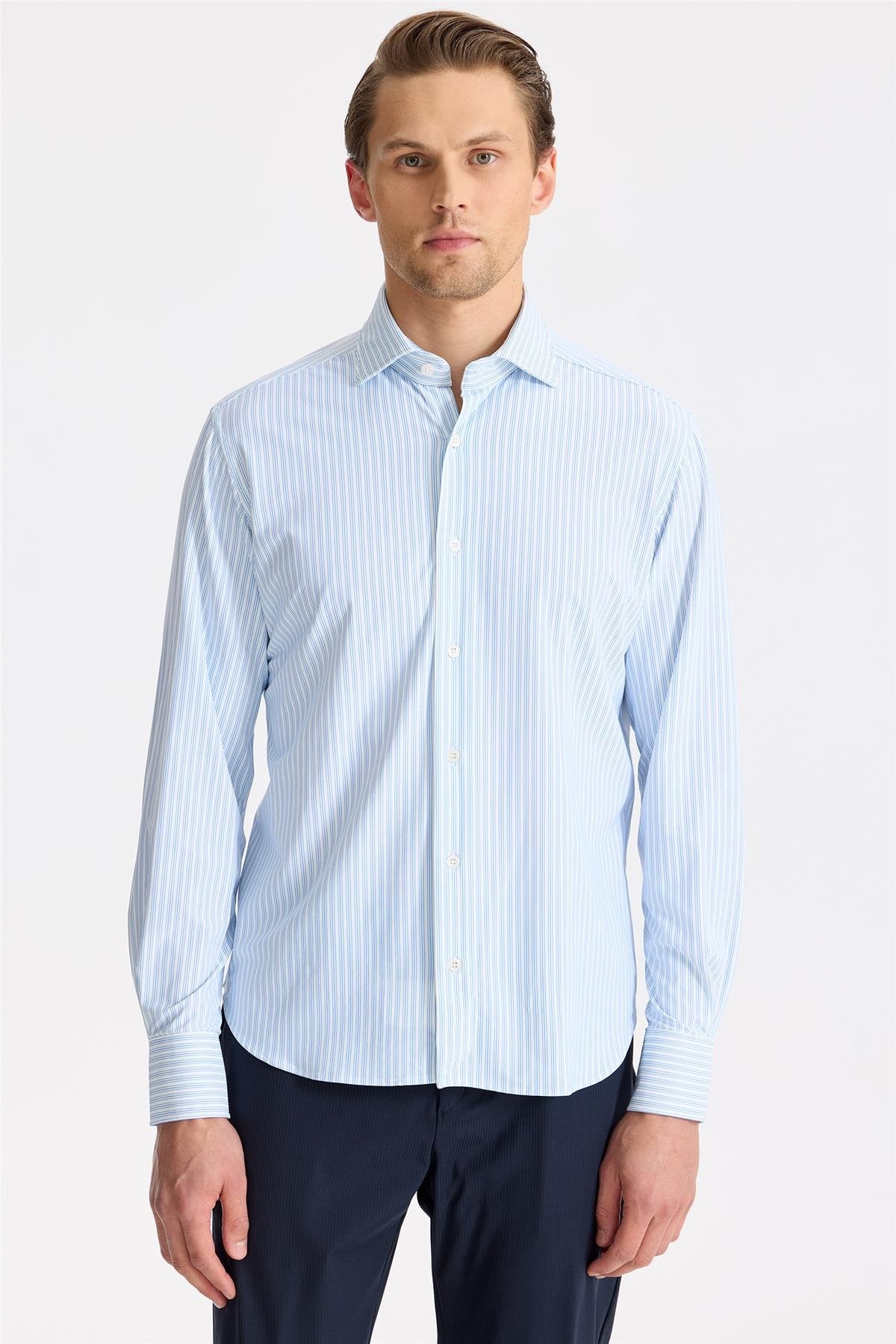Mavi Çizgili Teknik Kumaş Gömlek - Image 1