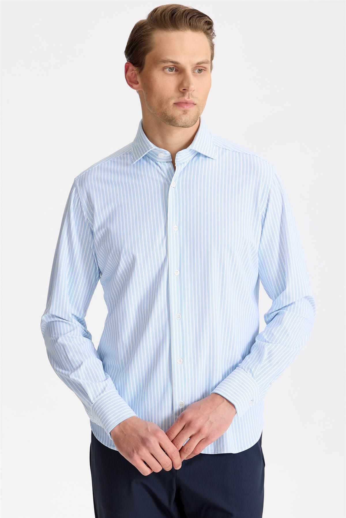 Mavi Çizgili Teknik Kumaş Gömlek - Image 3