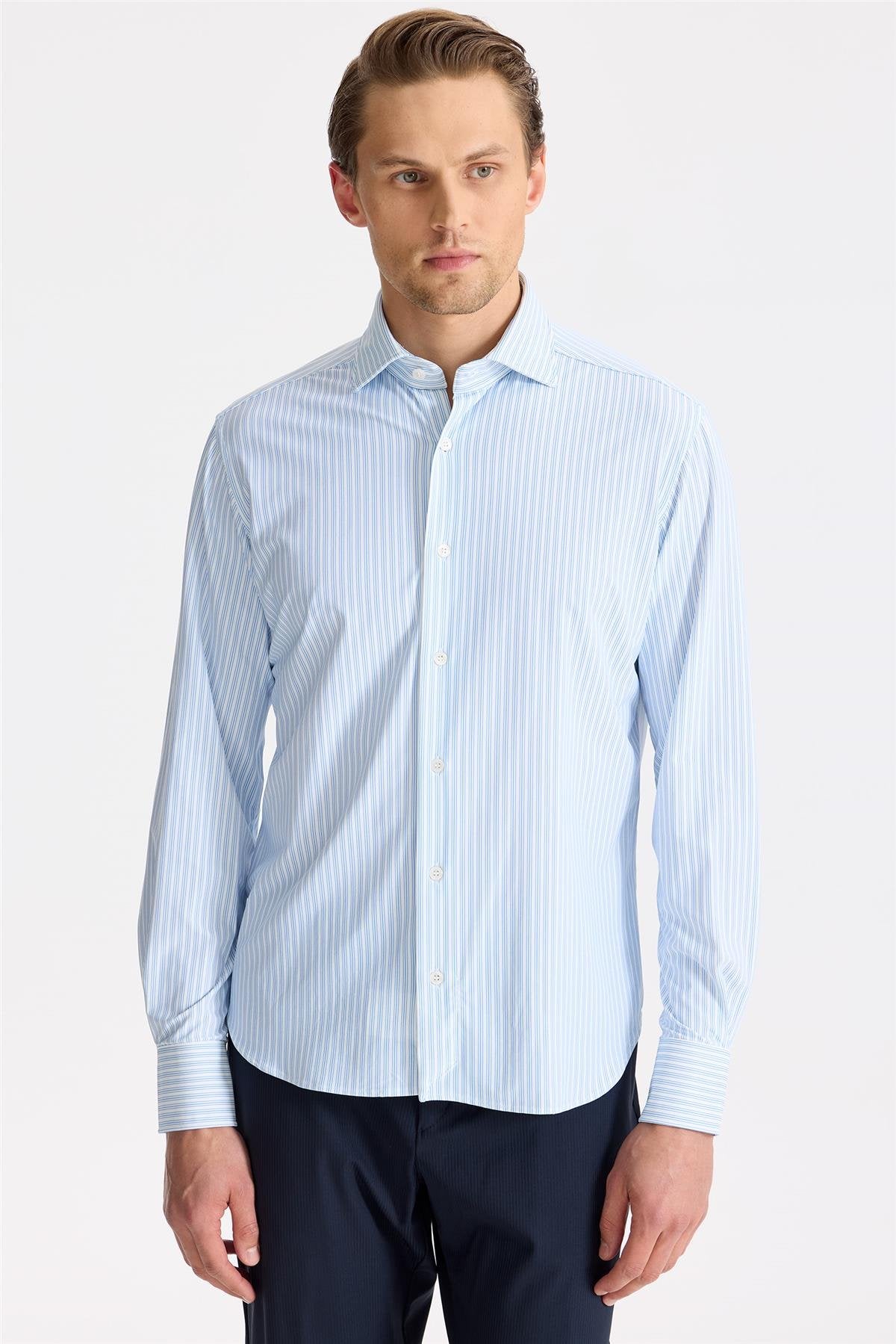 Mavi Çizgili Teknik Kumaş Gömlek - Image 2