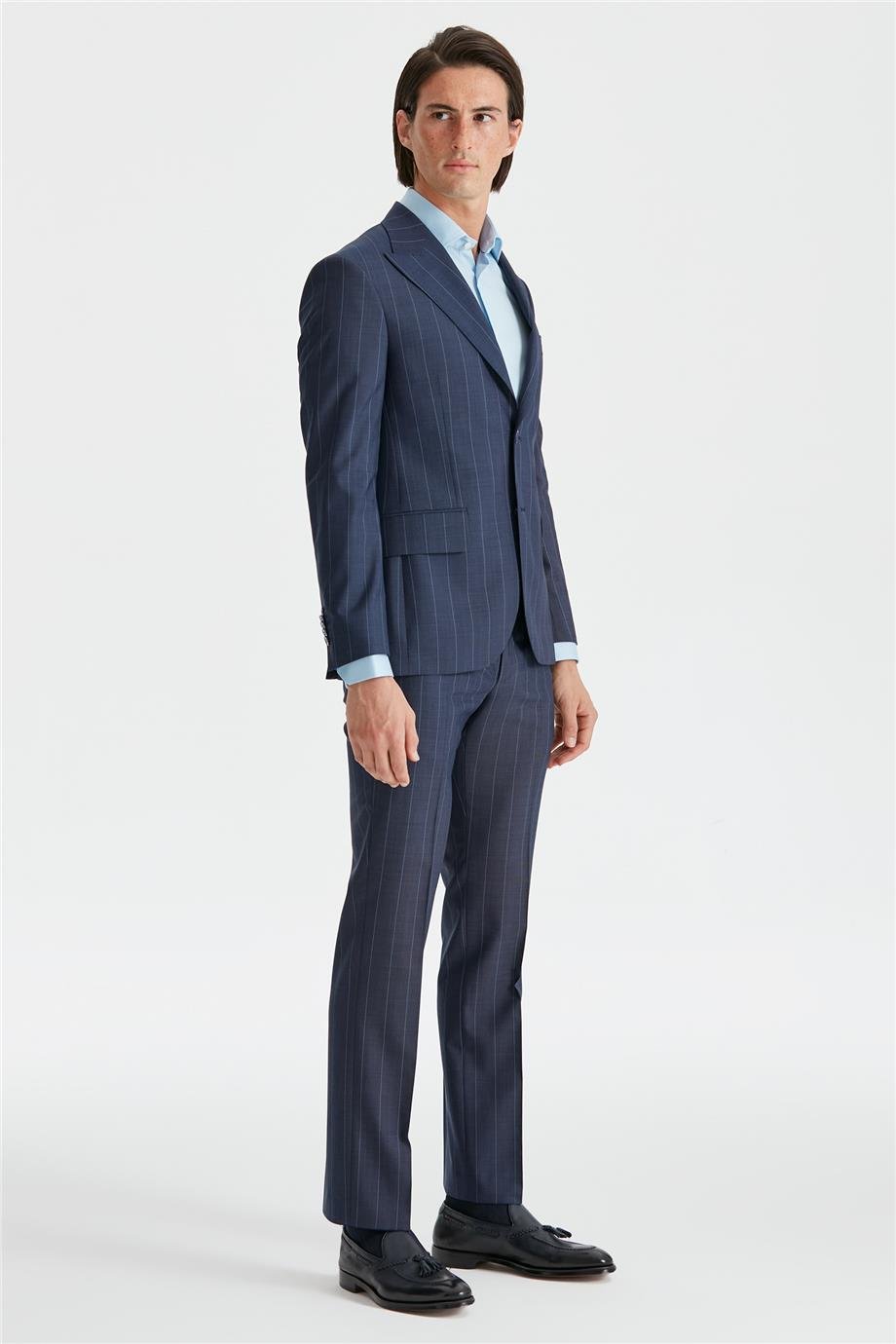 Mavi Çizgili Yün Takım Elbise - Image 5