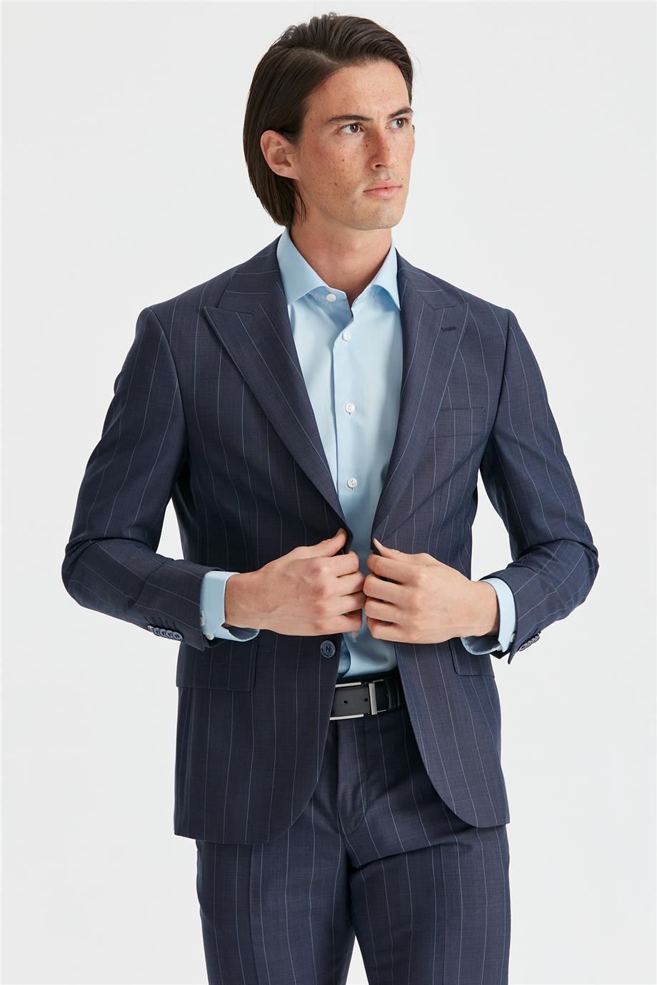 Mavi Çizgili Yün Takım Elbise - Image 3