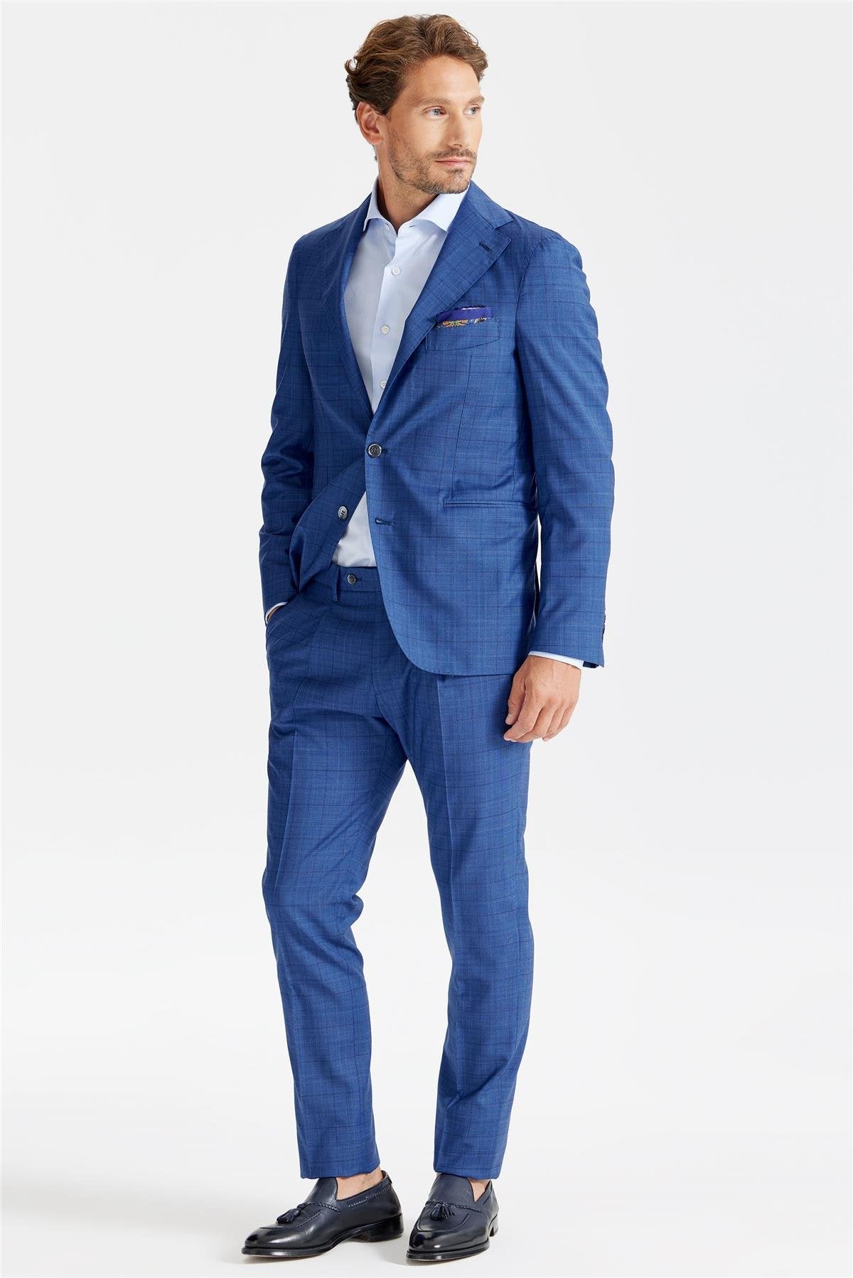 Mavi Ekoseli Yün Takım Elbise - Image 4