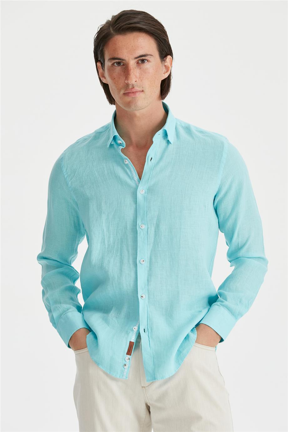 Mavi Erkek Keten Gömlek - Image 1