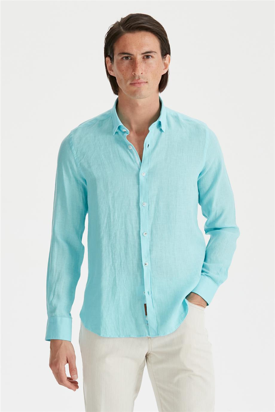 Mavi Erkek Keten Gömlek - Image 3