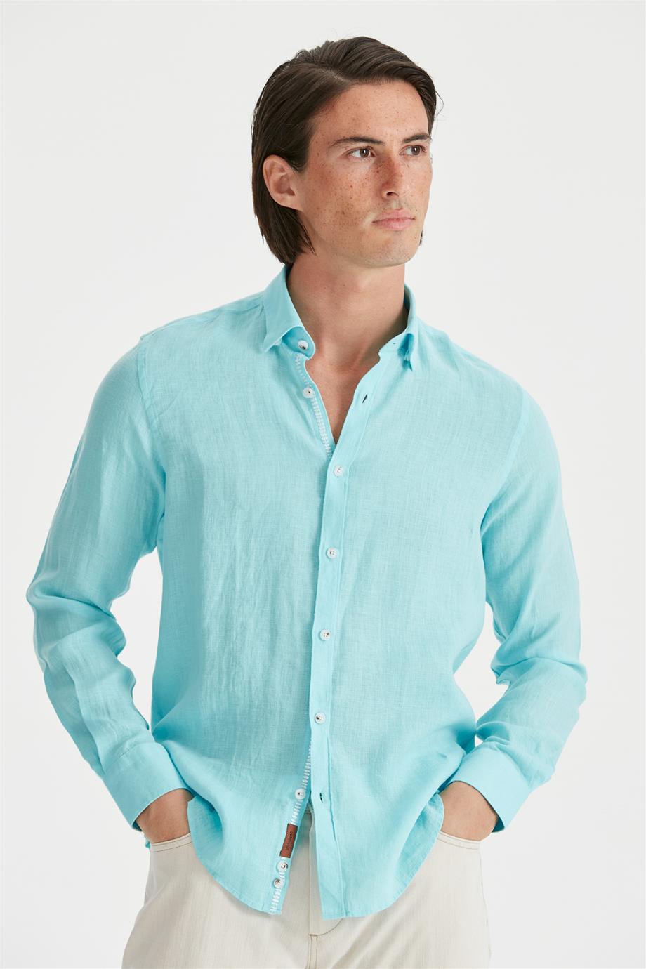 Mavi Erkek Keten Gömlek - Image 4
