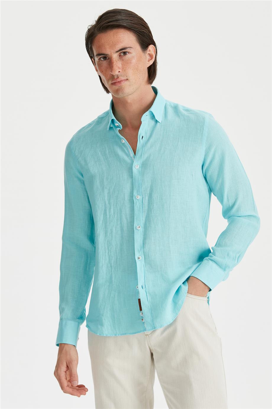 Mavi Erkek Keten Gömlek - Image 5
