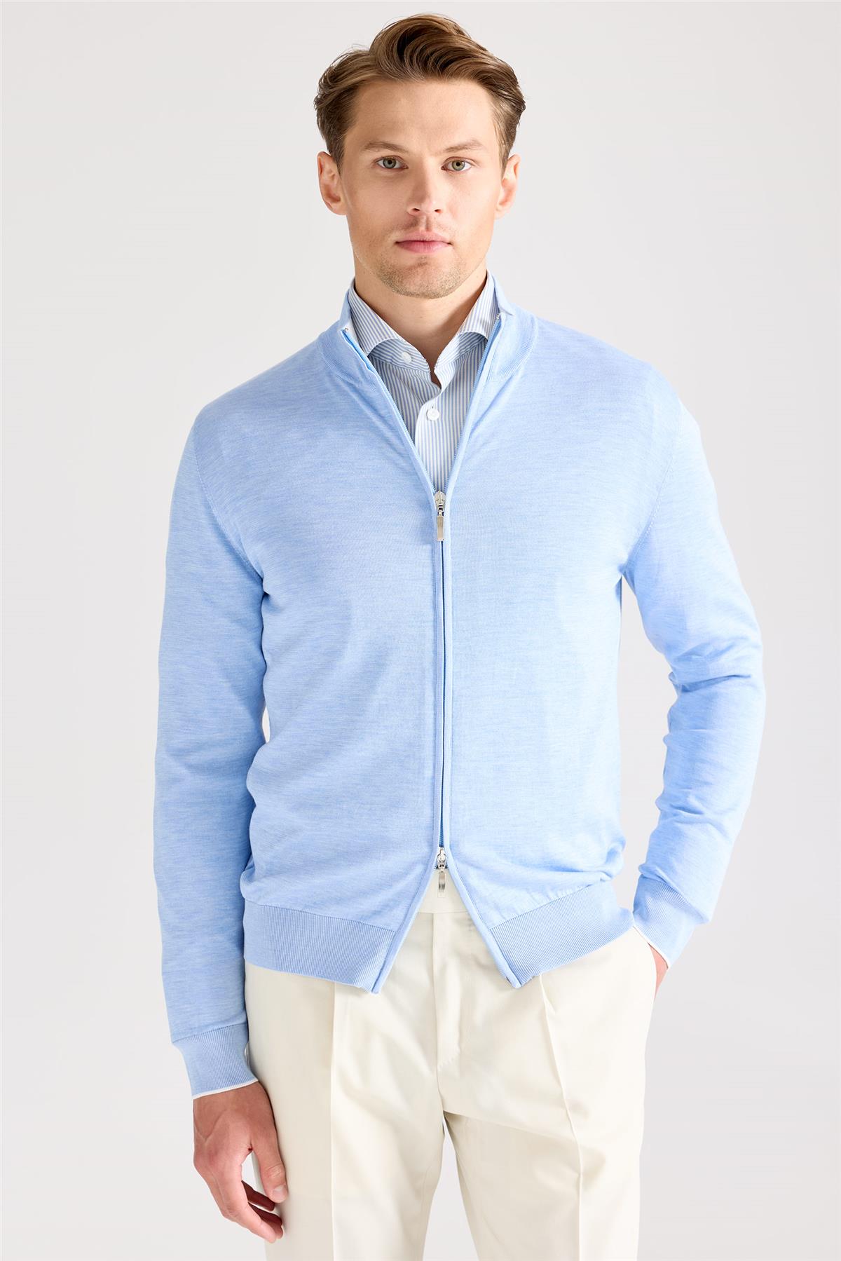 Mavi Fermuarlı Pamuk İpek Hırka - Image 5