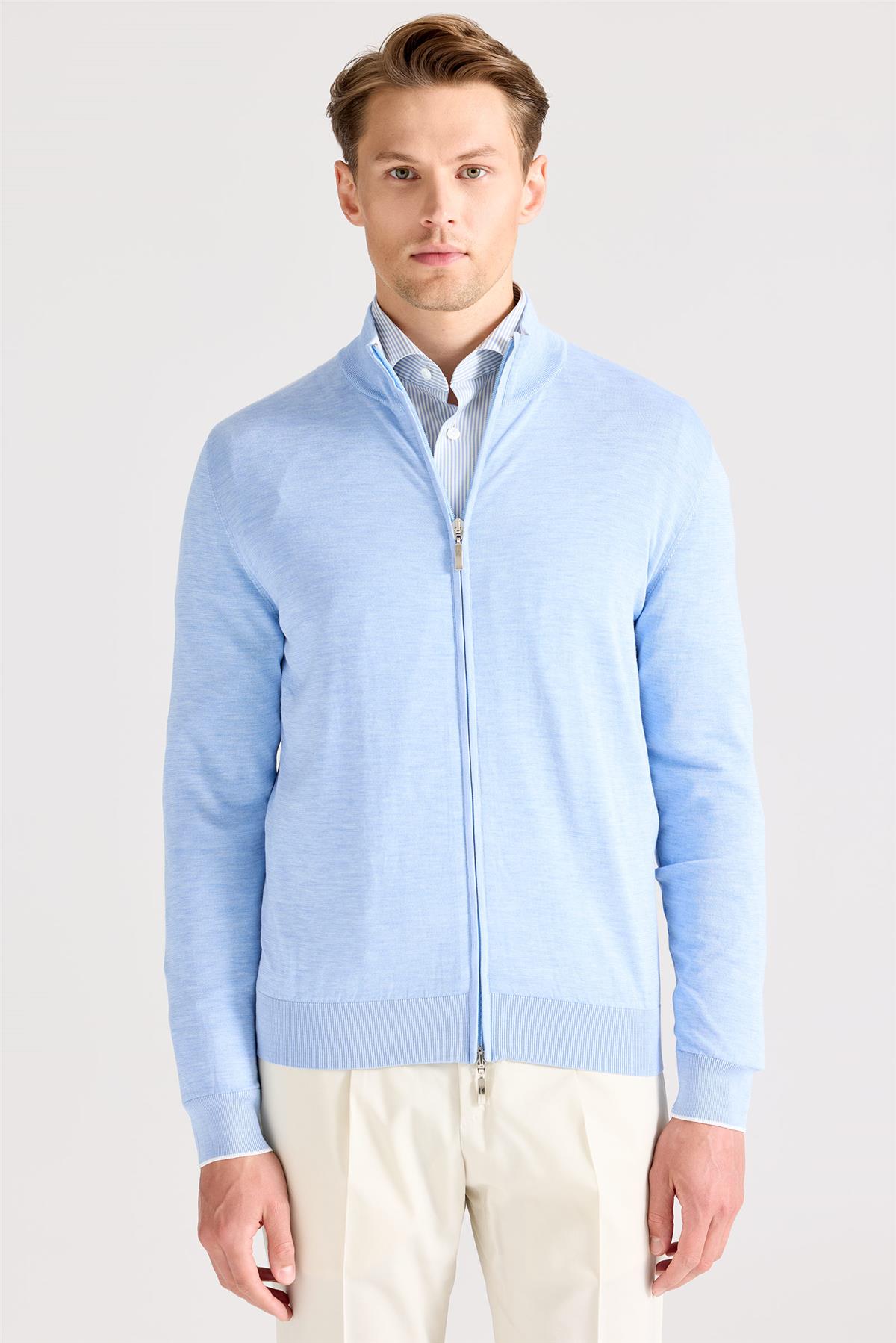 Mavi Fermuarlı Pamuk İpek Hırka - Image 1