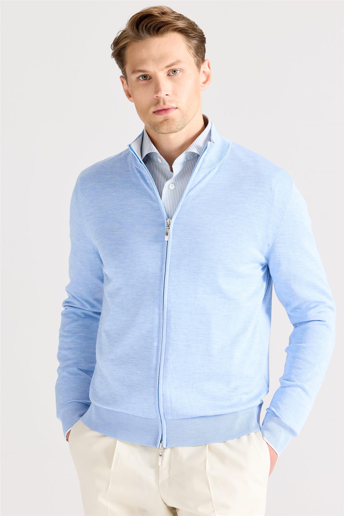 Mavi Fermuarlı Pamuk İpek Hırka - Image 4