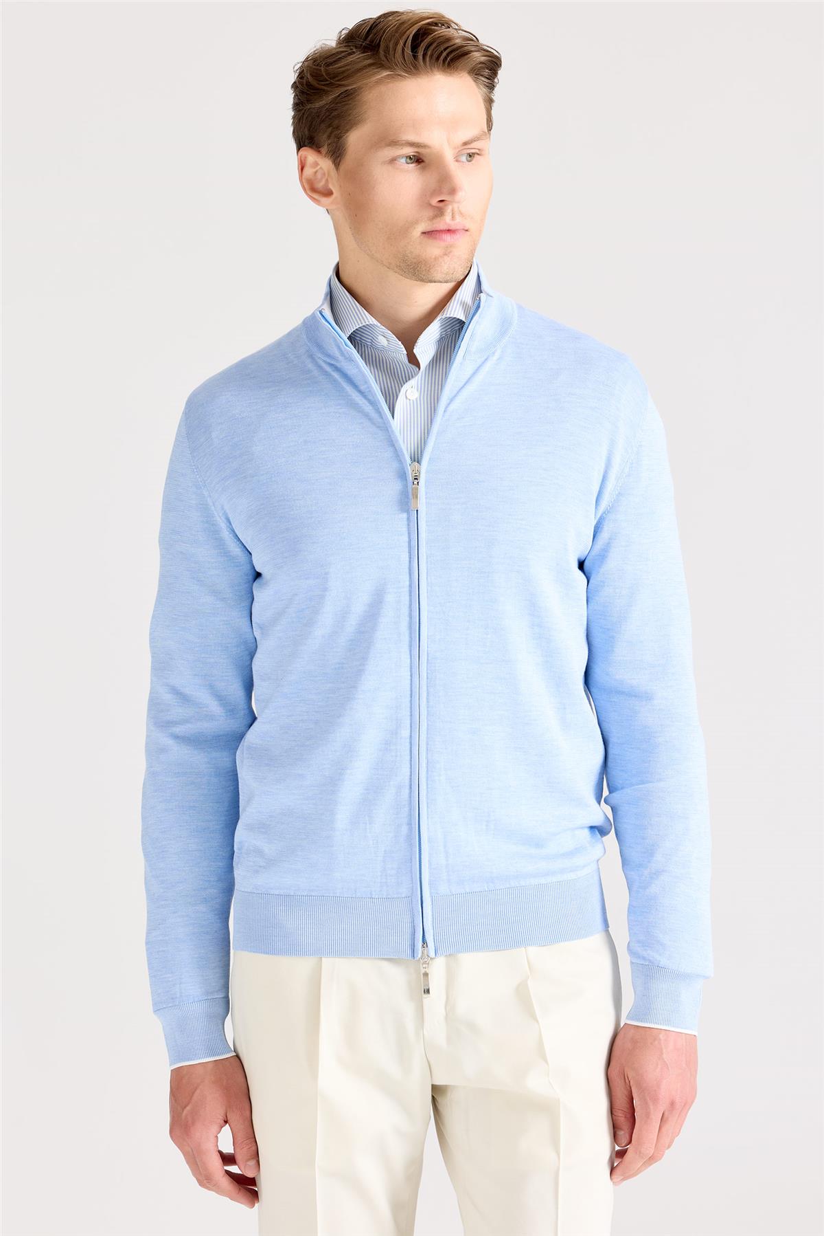 Mavi Fermuarlı Pamuk İpek Hırka - Image 2