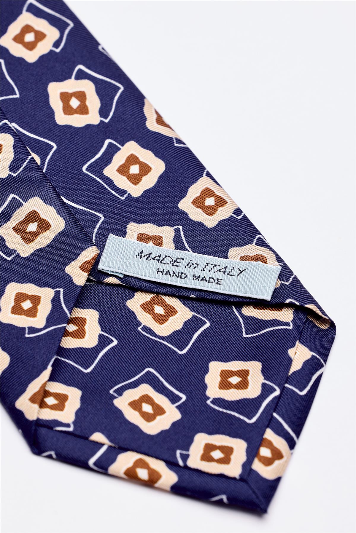 Mavi Kahve Desenli 7 Fold İpek Kravat - Image 4