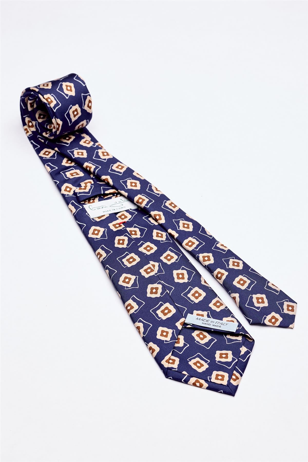 Mavi Kahve Desenli 7 Fold İpek Kravat - Image 2