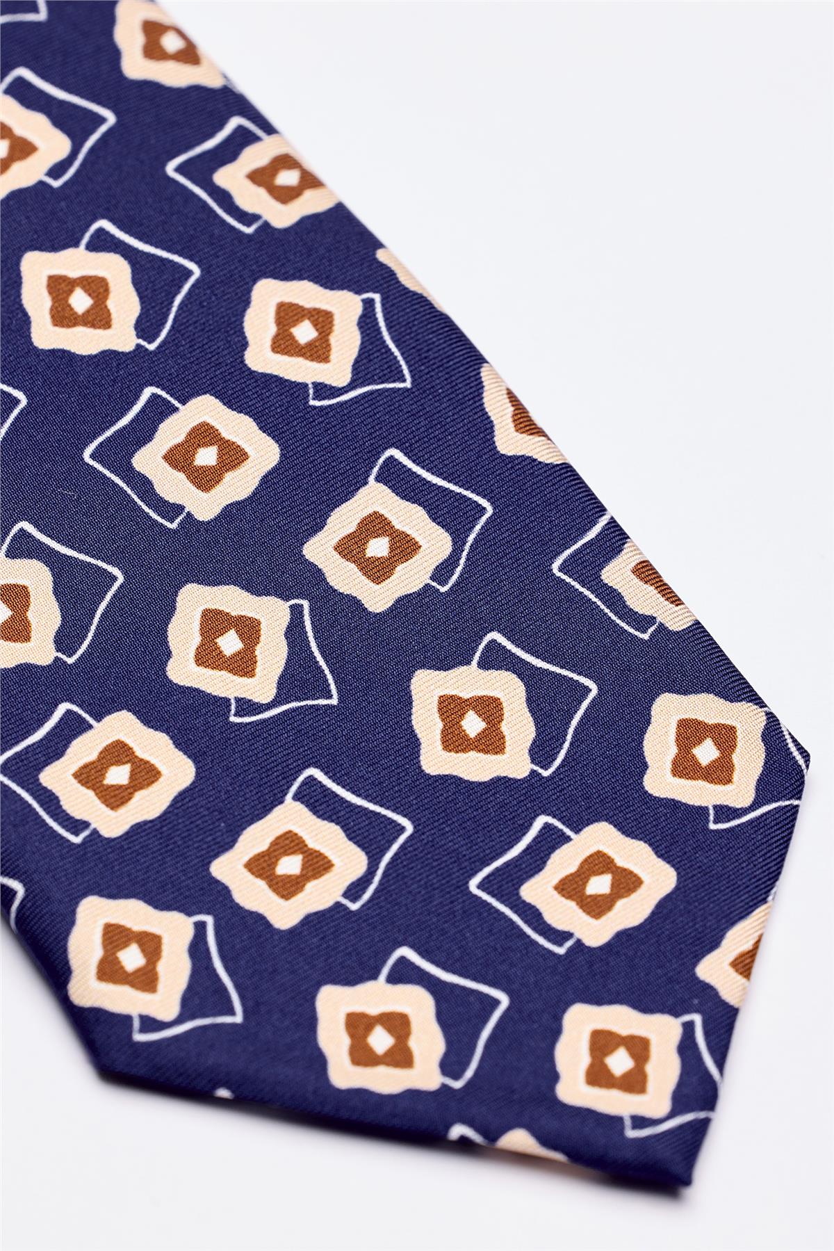 Mavi Kahve Desenli 7 Fold İpek Kravat - Image 3