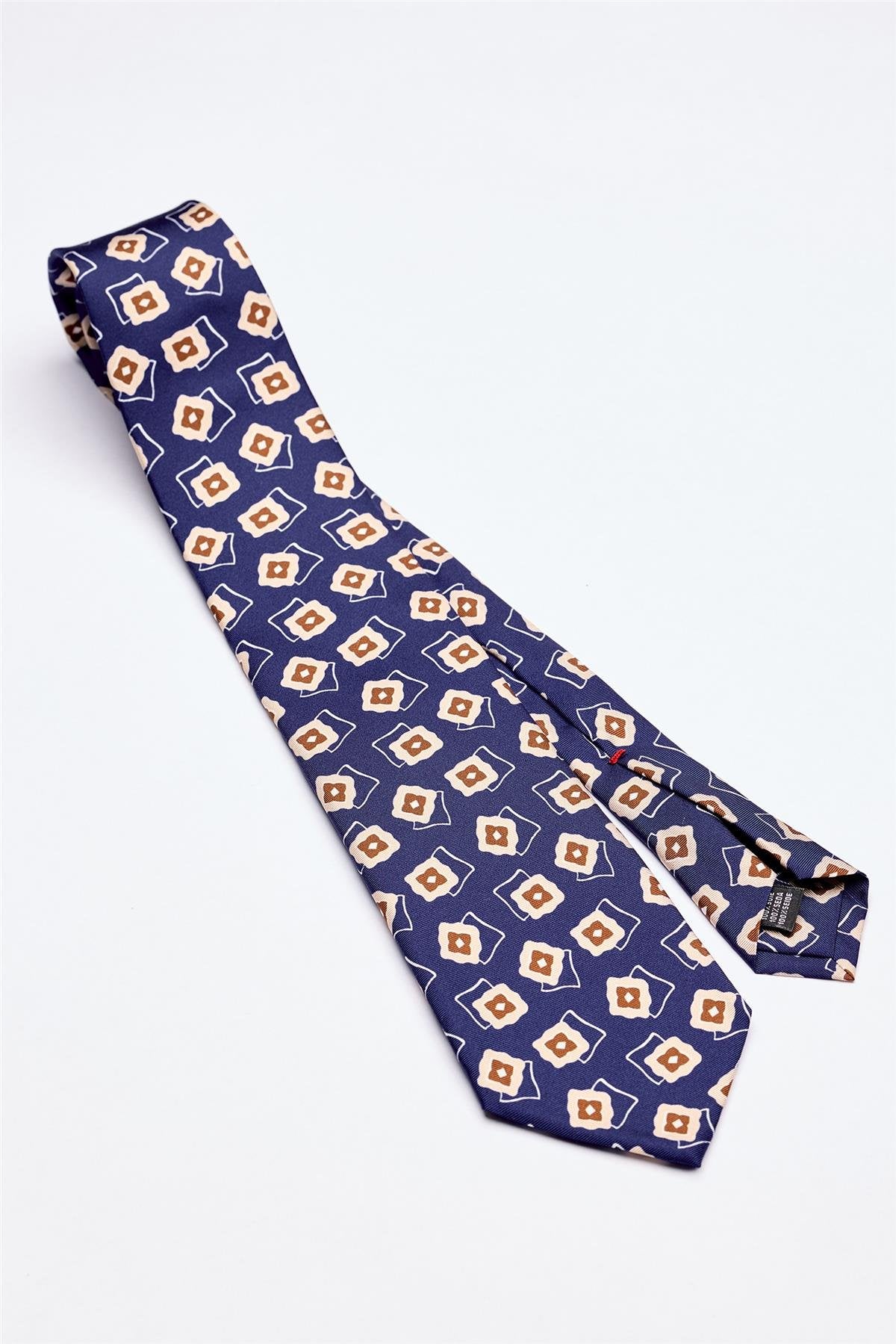 Mavi Kahve Desenli 7 Fold İpek Kravat - Image 1