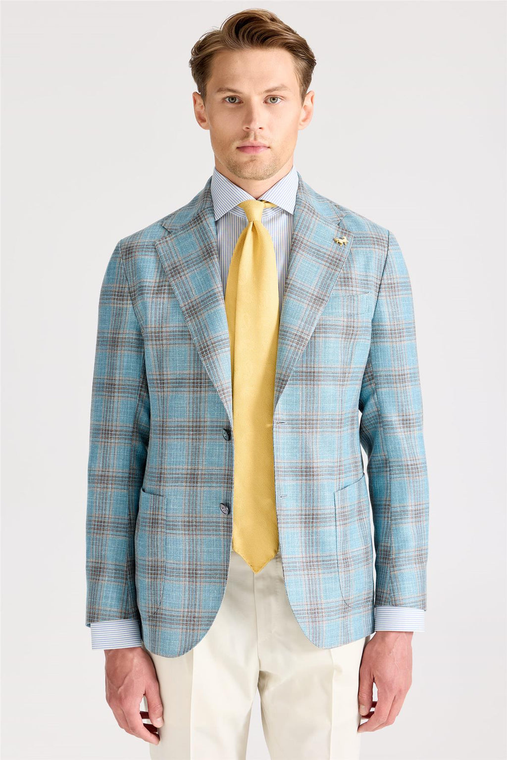 Mavi Kahverengi Kareli Yün İpek Ceket - Image 3