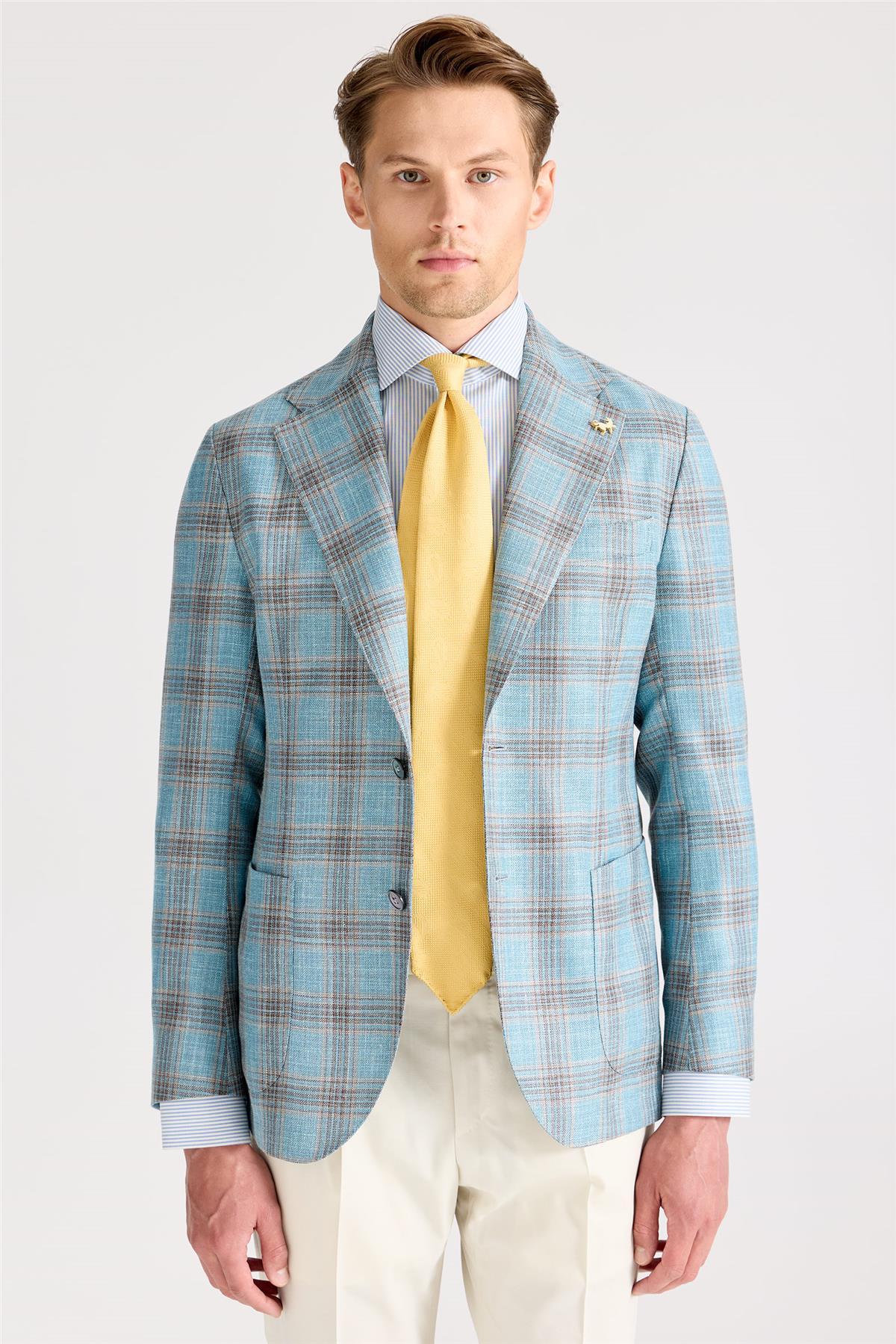 Mavi Kahverengi Kareli Yün İpek Ceket - Image 3