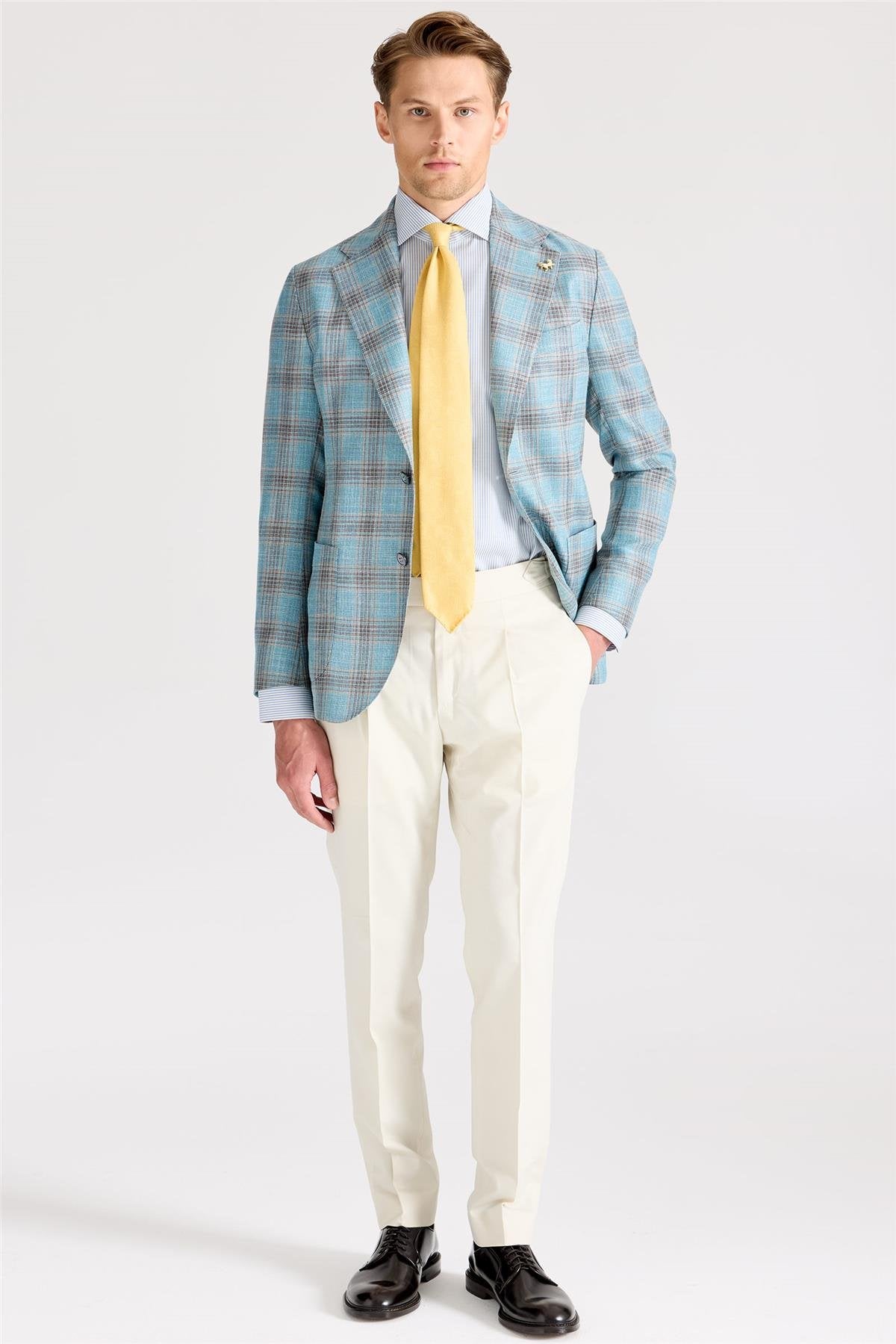 Mavi Kahverengi Kareli Yün İpek Ceket - Image 5