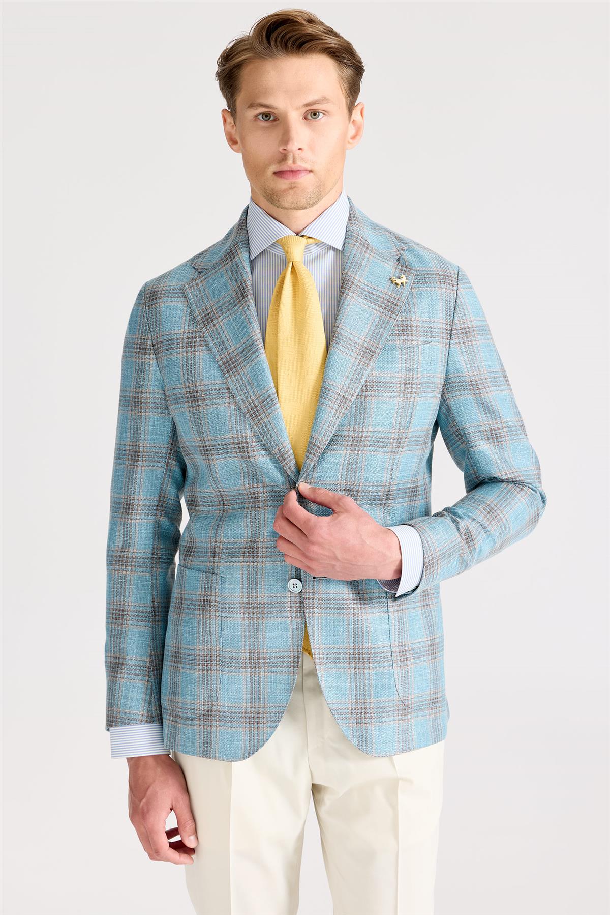 Mavi Kahverengi Kareli Yün İpek Ceket - Image 4