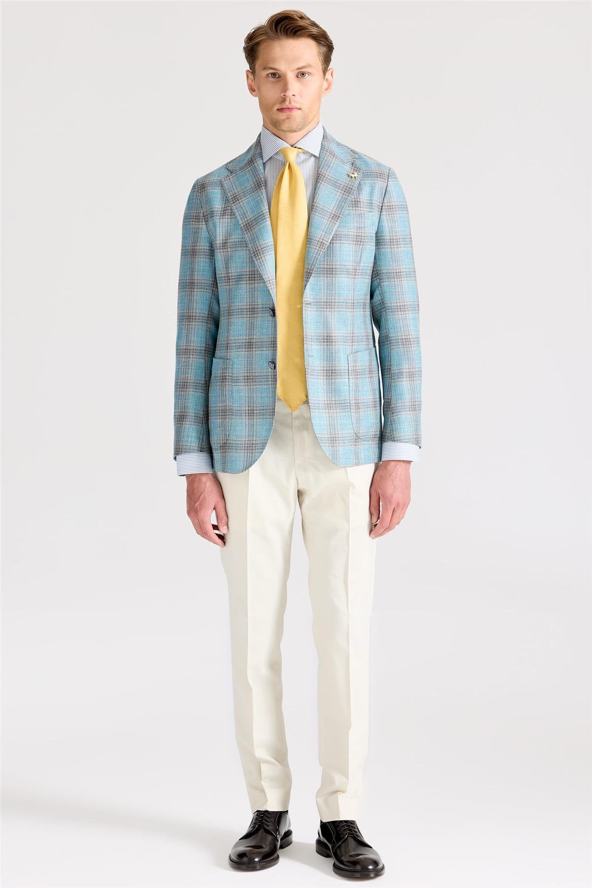 Mavi Kahverengi Kareli Yün İpek Ceket - Image 1