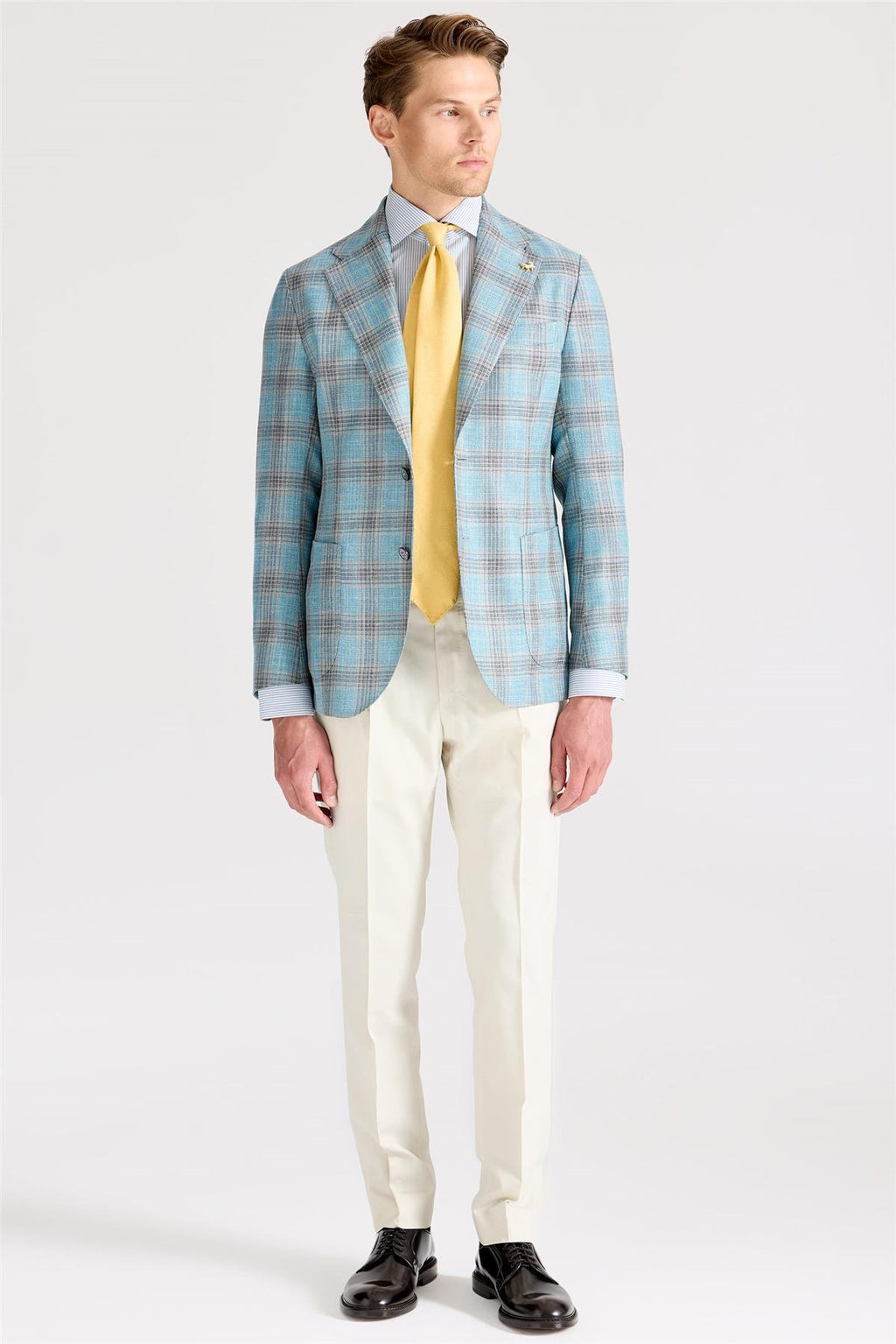 Mavi Kahverengi Kareli Yün İpek Ceket - Image 2