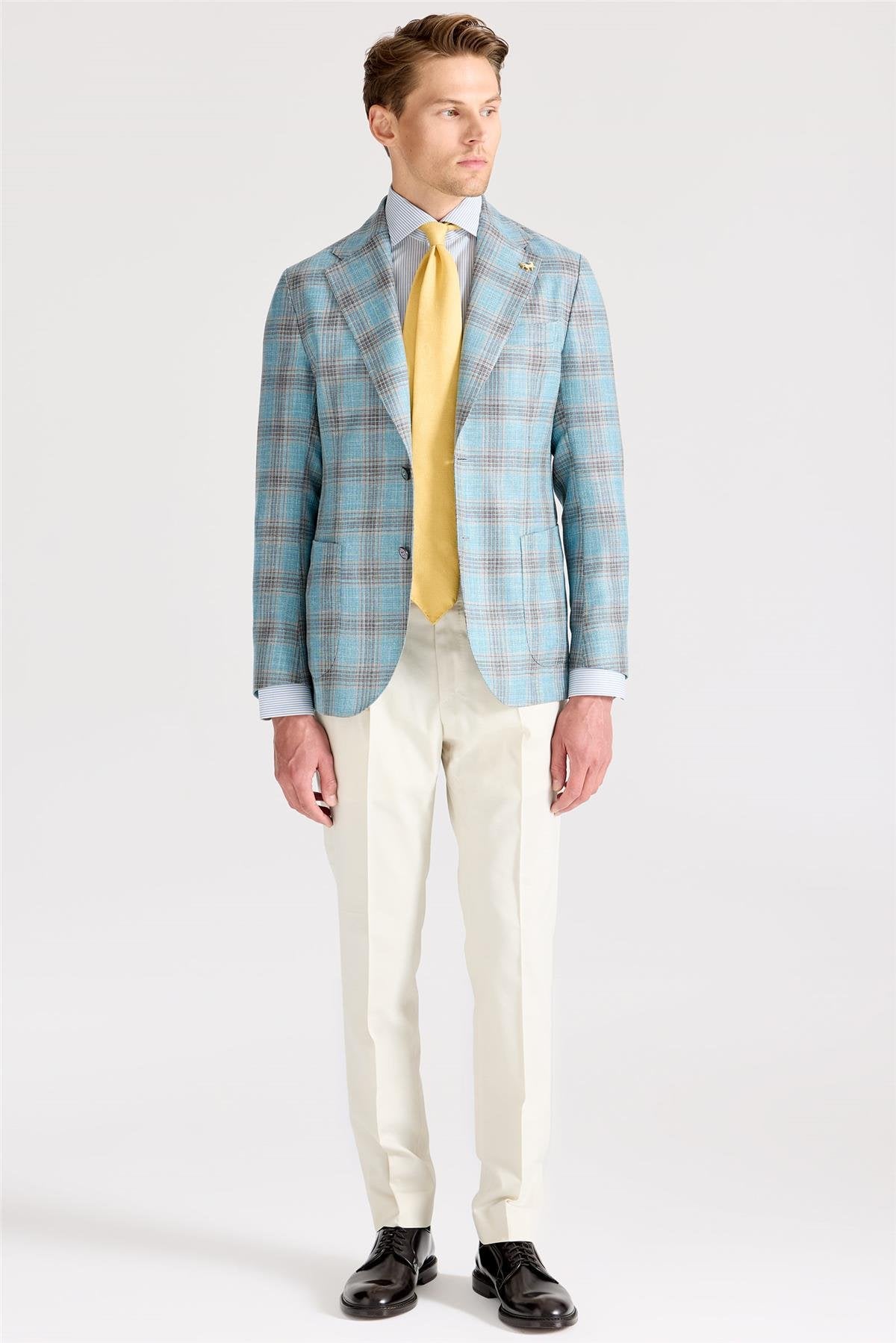 Mavi Kahverengi Kareli Yün İpek Ceket - Image 2