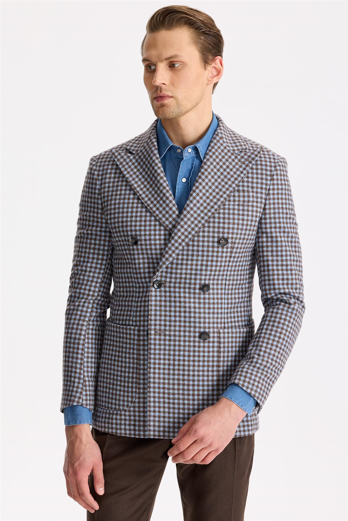 Mavi Kahverengi Kruvaze Yün Ceket - Image 2