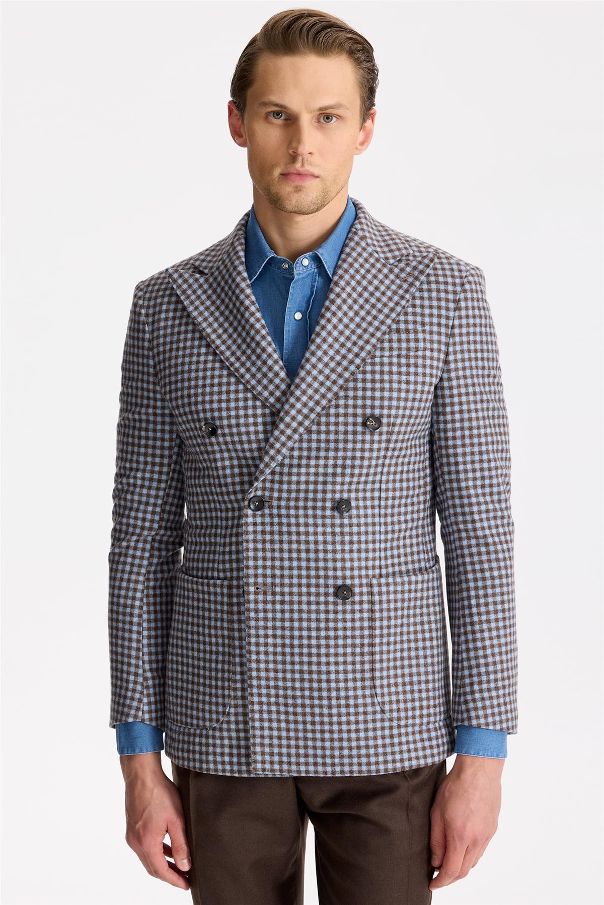 Mavi Kahverengi Kruvaze Yün Ceket - Image 4