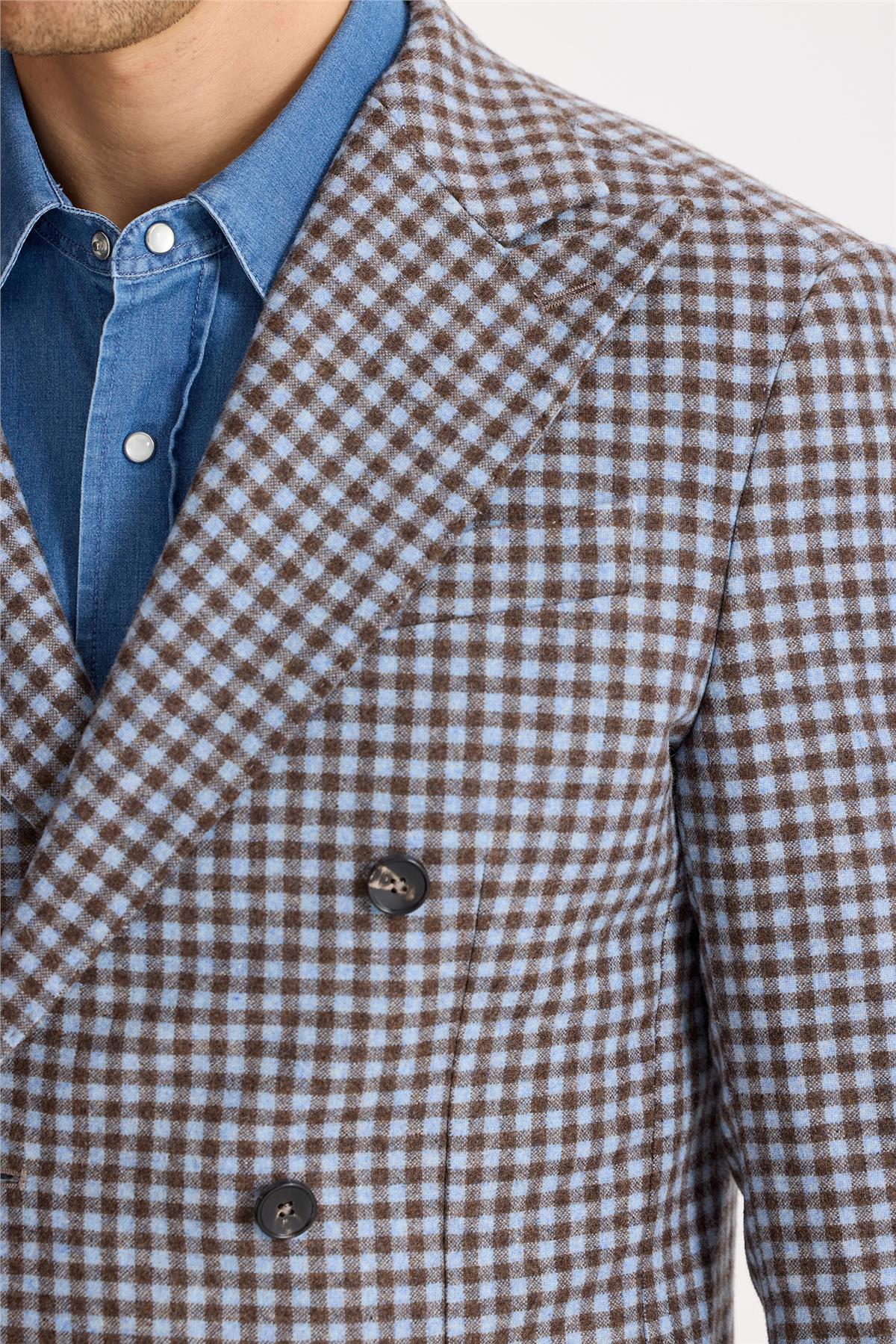 Mavi Kahverengi Kruvaze Yün Ceket - Image 3