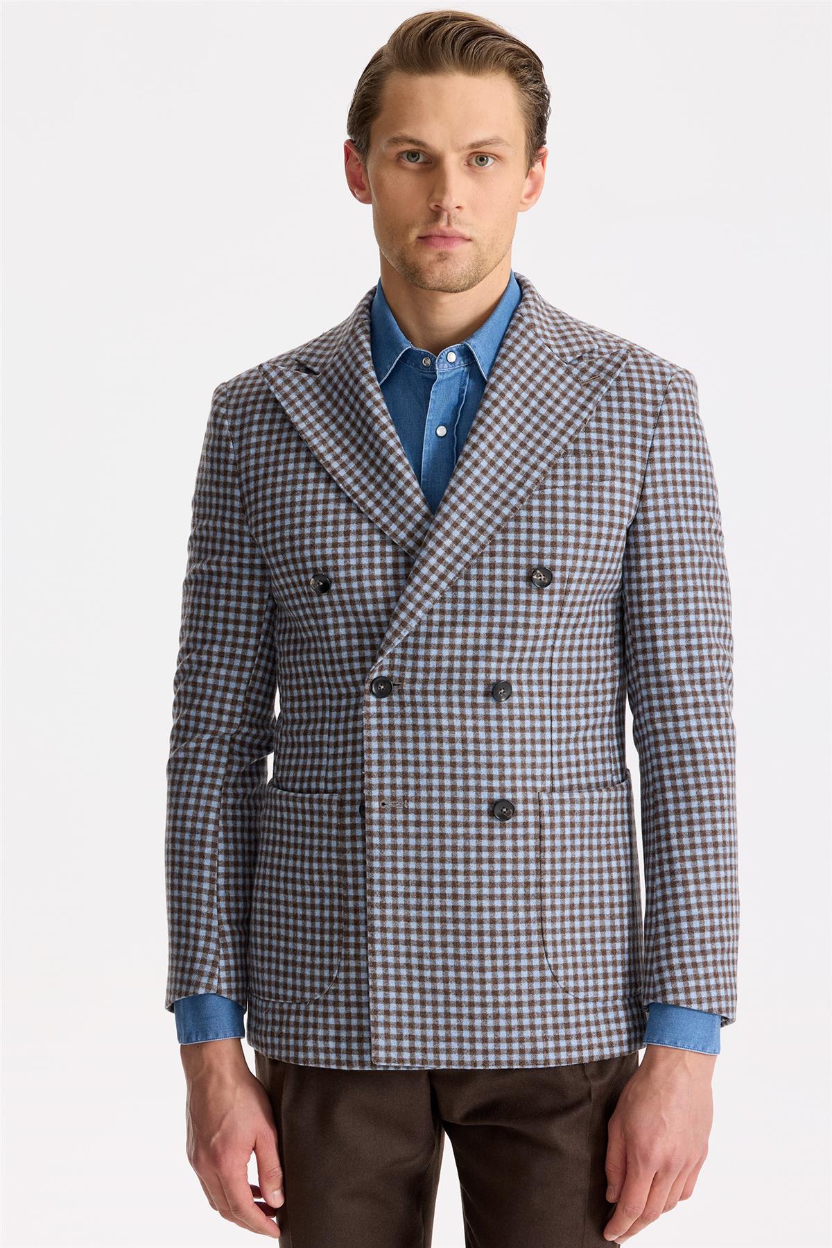 Mavi Kahverengi Kruvaze Yün Ceket - Image 1