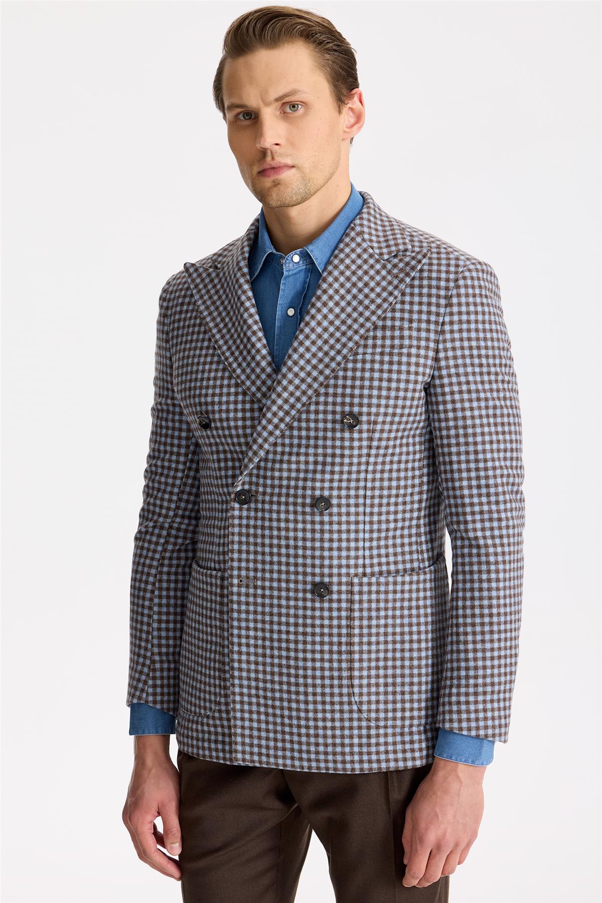 Mavi Kahverengi Kruvaze Yün Ceket - Image 5