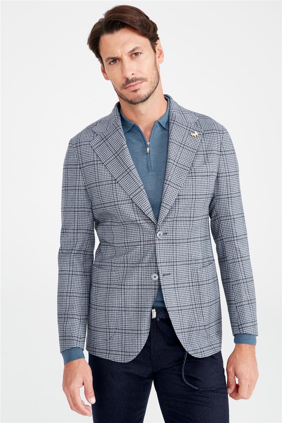 Mavi Kareli Yün Ceket - Image 1