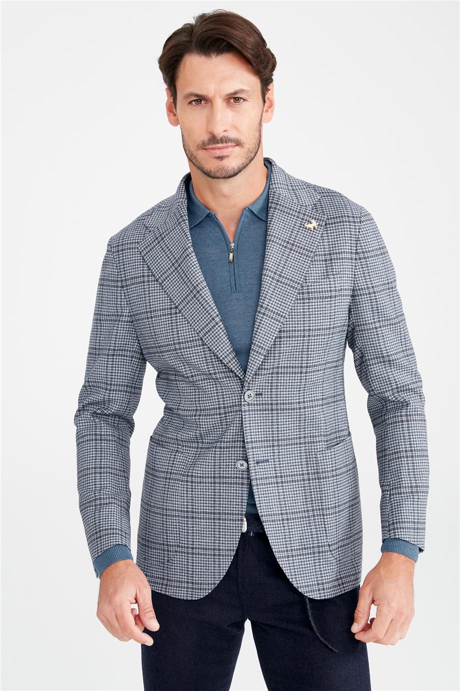 Mavi Kareli Yün Ceket - Image 5