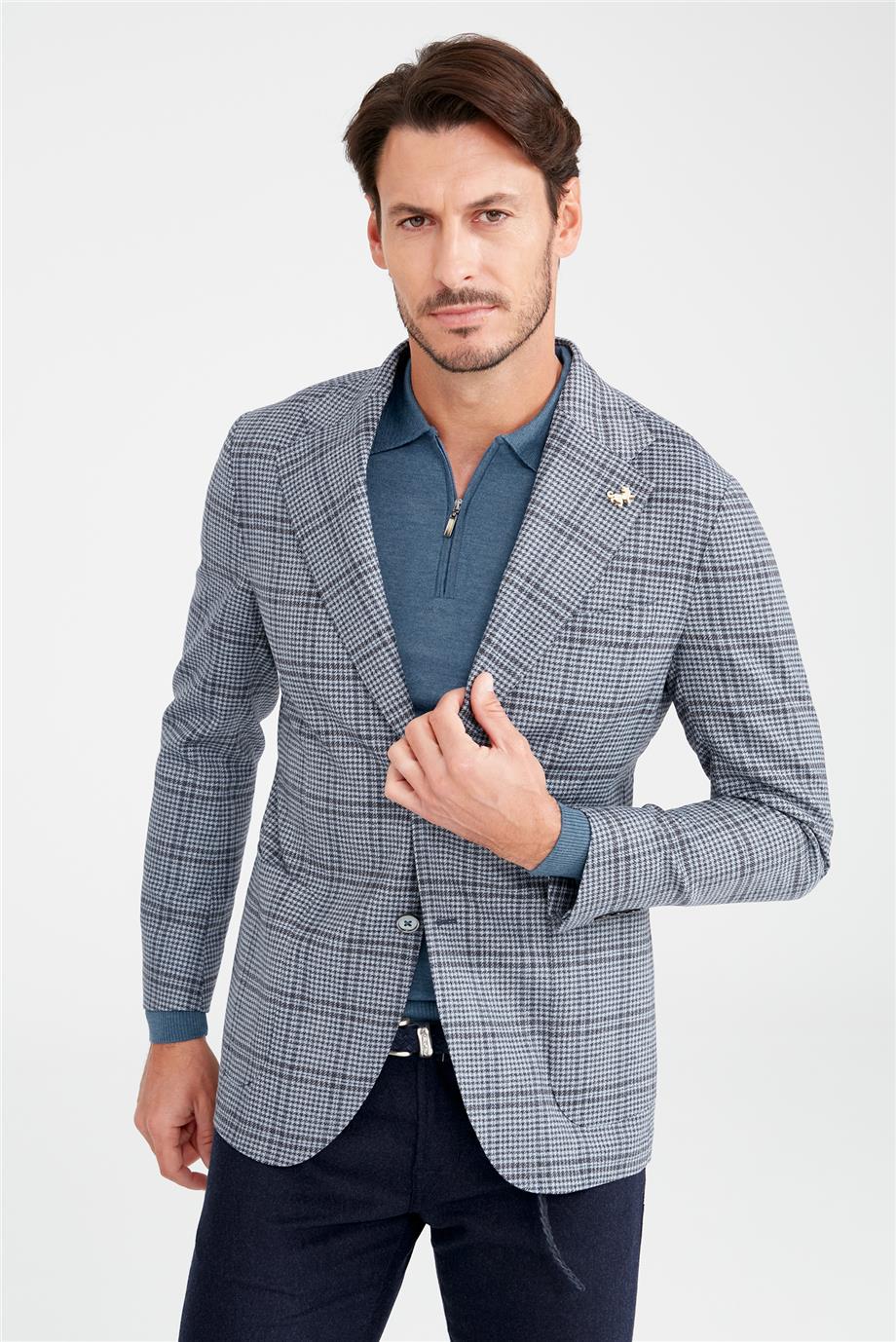 Mavi Kareli Yün Ceket - Image 4